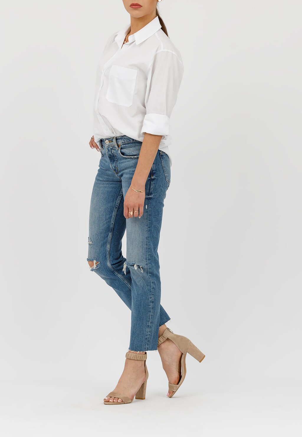 Delikatne beżowe sandały damskie na słupku z paskiem wokół kostki 76026-64 Widok 1