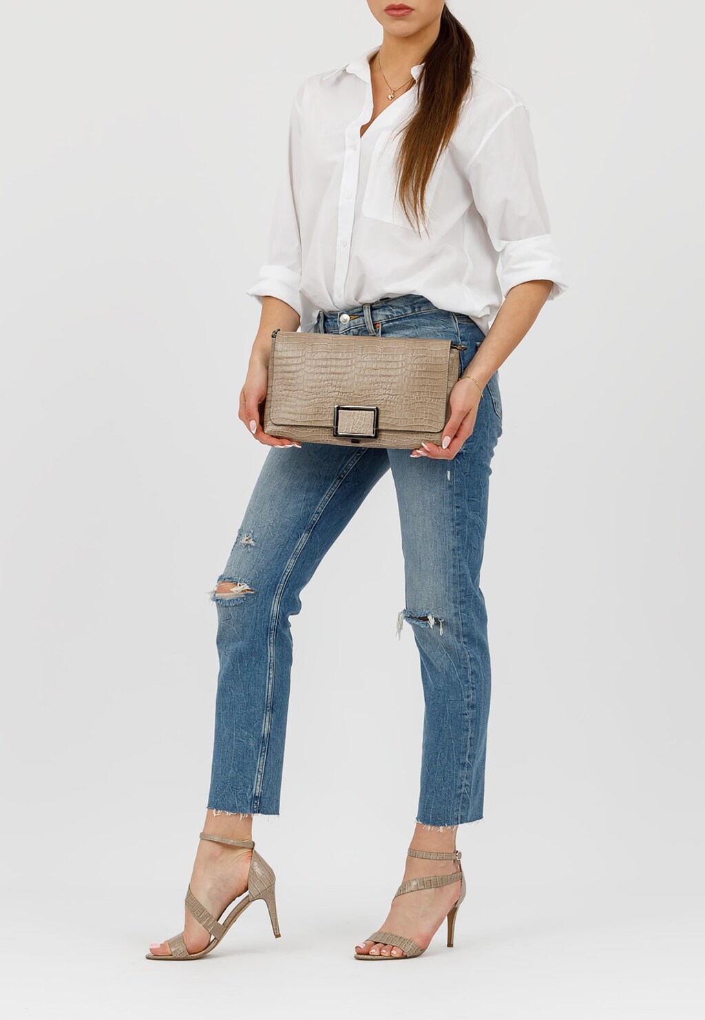 Beżowe sandały damskie na szpilce z minikolekcji upscaled croc 76046-54 Widok 1