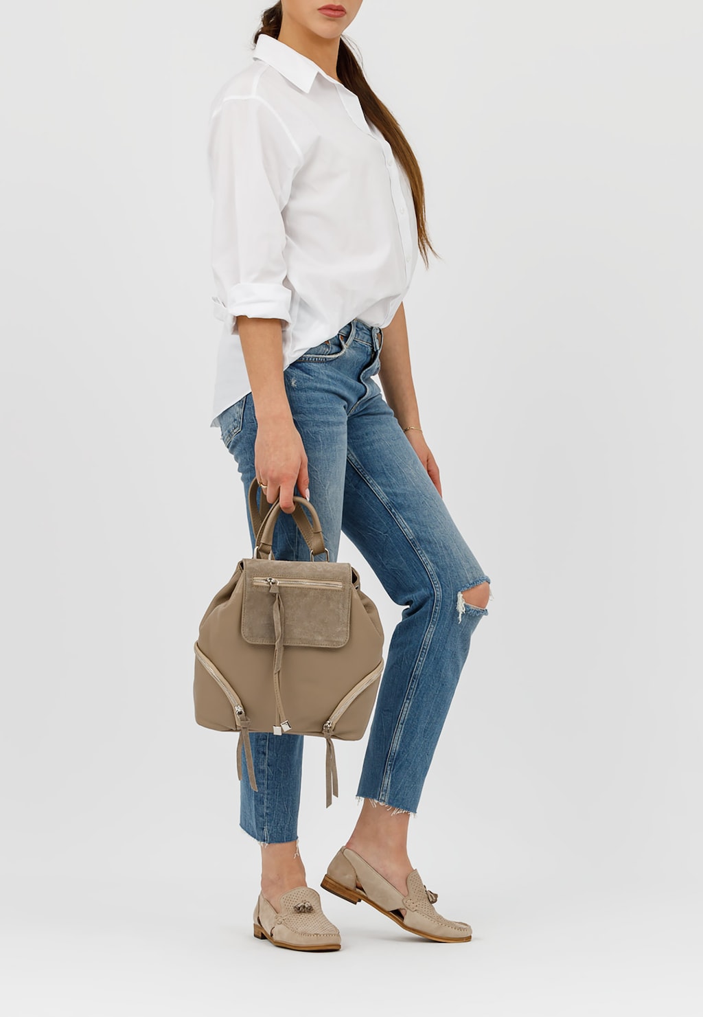 Duża beżowa torebka damska ze skóry licowej i welurowej 80033-74 Widok 1