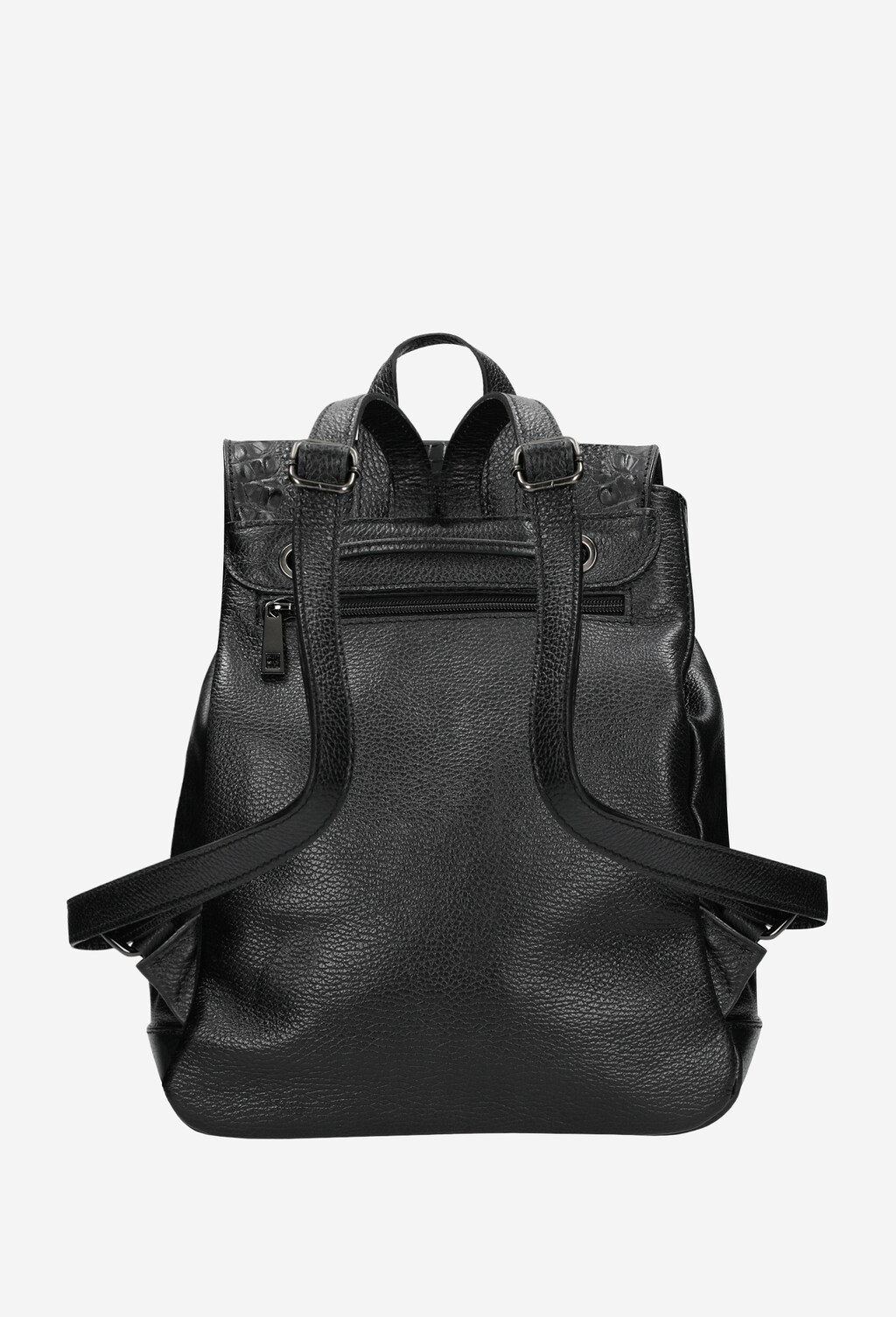 Czarny plecak damski Wojas model 80073-51 widok od tyłu, ukazujący teksturę skóry, regulowane szelki naramienne i kieszeń z zamkiem błyskawicznym w górnej części.