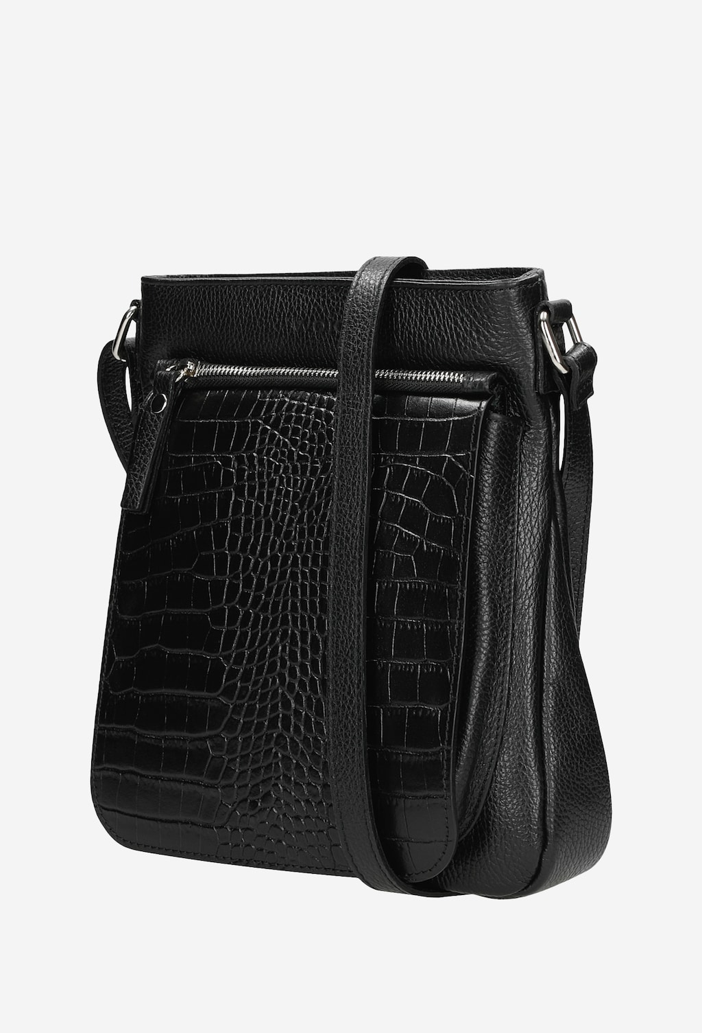 Czarna skórzana listonoszka damska Wojas 80076-51 z przednią kieszenią z motywem krokodylim, srebrnym zamkiem błyskawicznym i regulowanym paskiem na ramię.