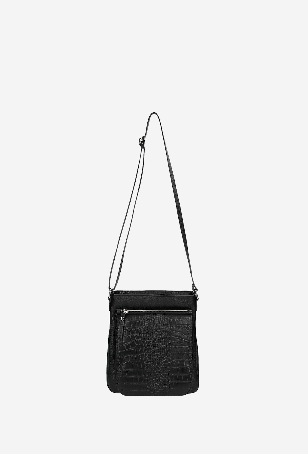 Czarna skórzana listonoszka damska Wojas model 80076-51 z regulowanym paskiem na ramię, ozdobnym tłoczeniem w skórze i przednią kieszenią na zamek, widok z przodu.