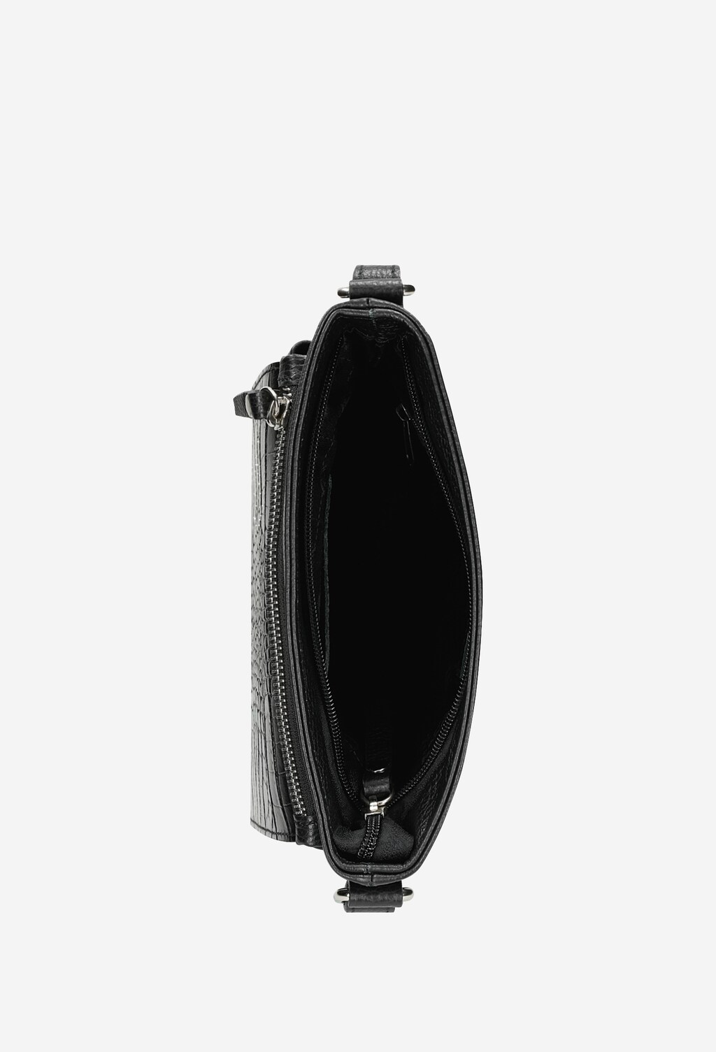 Elegancka czarna skórzana listonoszka damska Wojas model 80076-51 z widocznym otwartym wnętrzem, regulowanym paskiem na ramię i ozdobnymi przeszyciami na bokach.