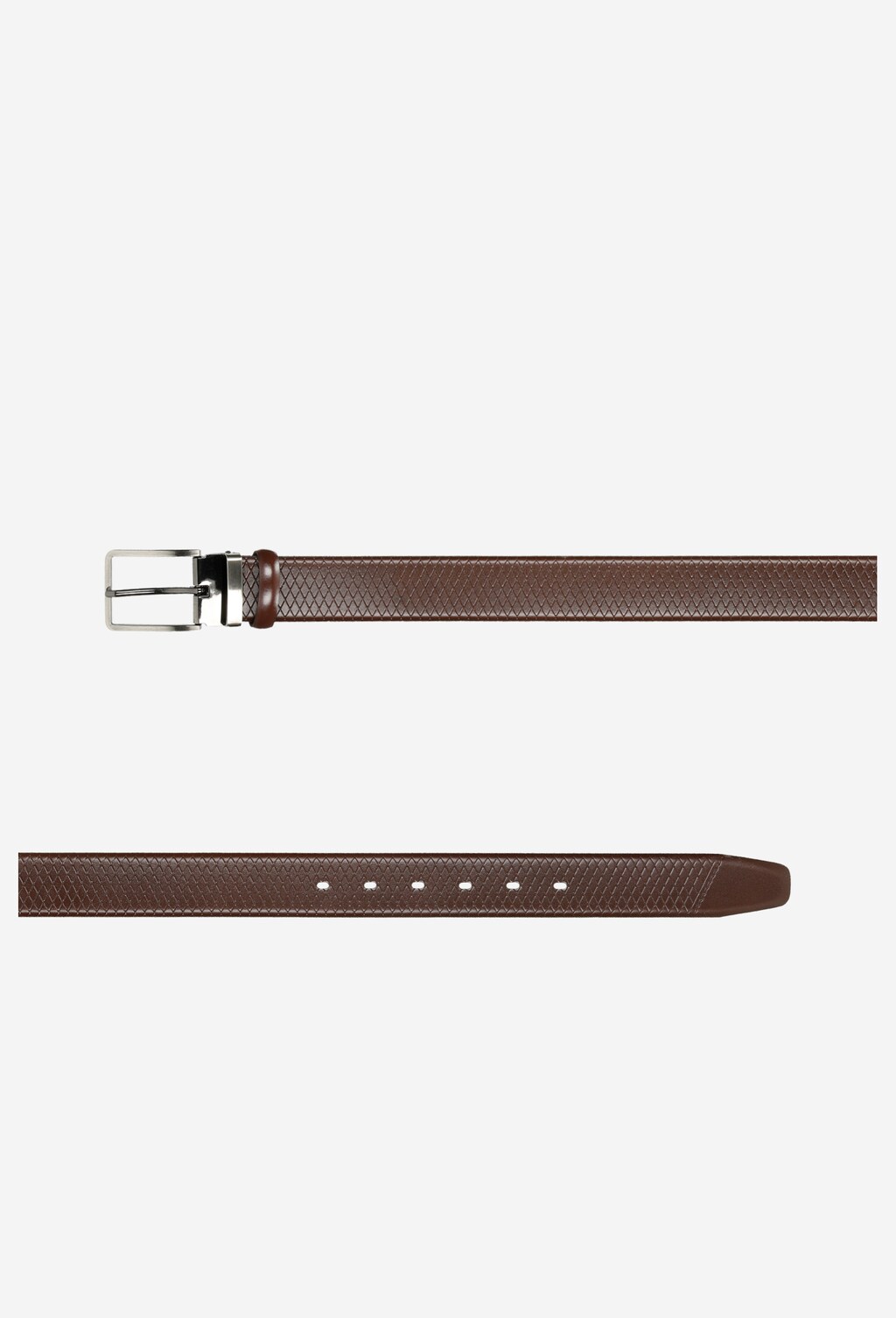 Brązowy pasek męski Wojas 93018-52 z eleganckimi tłoczeniami, widok z góry i dołu, metalowa klamra srebrna, wykonany ze skóry, z regulowaną długością.