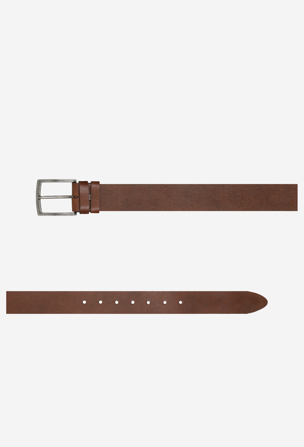 Brązowy pasek męski Wojas model 93016-52 z gładkiej skóry licowej z metalową klamrą, widok rozłożony, ukazujący dziurki do regulacji długości.