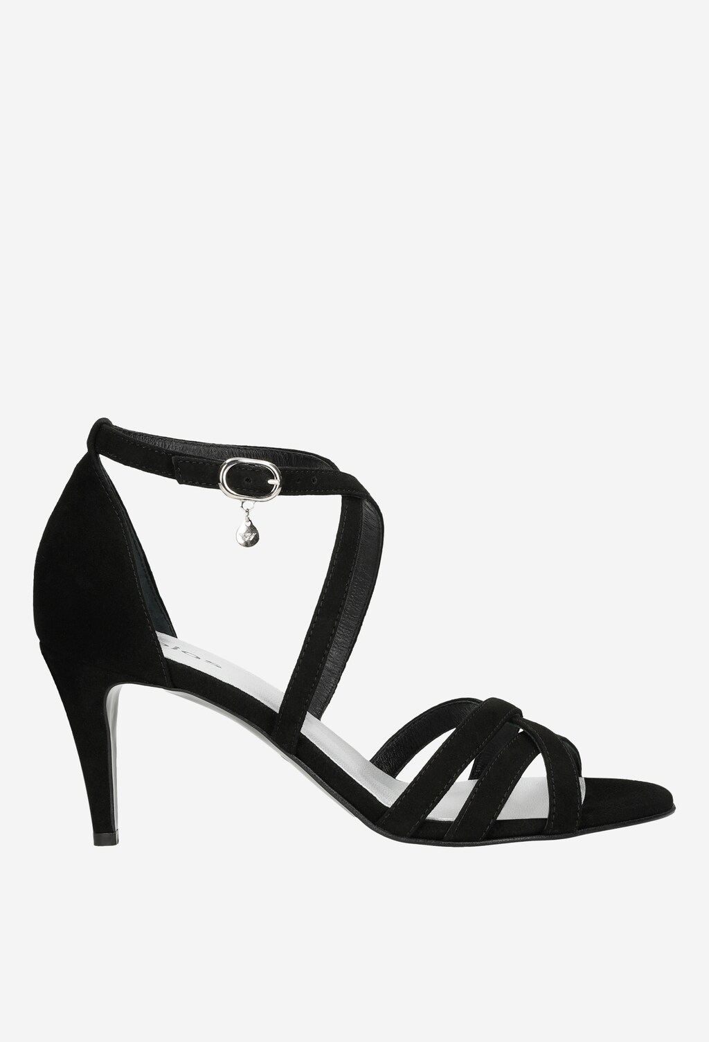 Eleganckie czarne sandały damskie Wojas model 76064-61 na smukłej szpilce z krzyżującymi się paskami na przodzie i zapięciem wokół kostki ze srebrną klamrą.