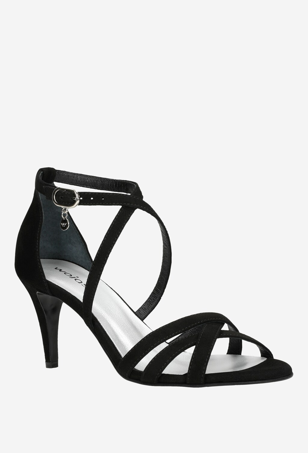 Czarne eleganckie sandały Wojas 76064-61 na szpilce z krzyżującymi się paskami i zapięciem na kostce, widok z boku ukazujący smukły kształt obuwia.