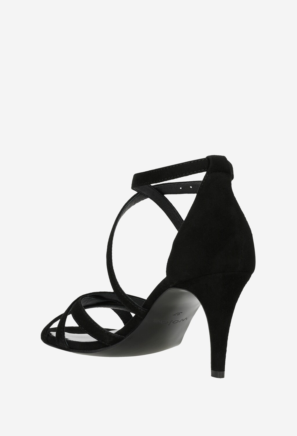 Eleganckie czarne sandały damskie Wojas 76064-61 na smukłej szpilce z krzyżowymi paskami i zapięciem wokół kostki, widok z boku.