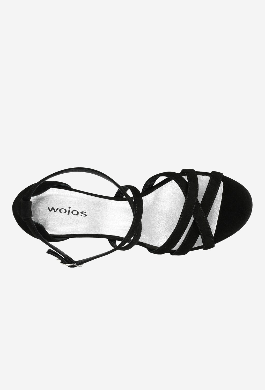 Eleganckie czarne sandały damskie Wojas model 76064-61 na szpilce, z widokiem z góry ukazującym krzyżujące się paski i zapięcie na kostkę.