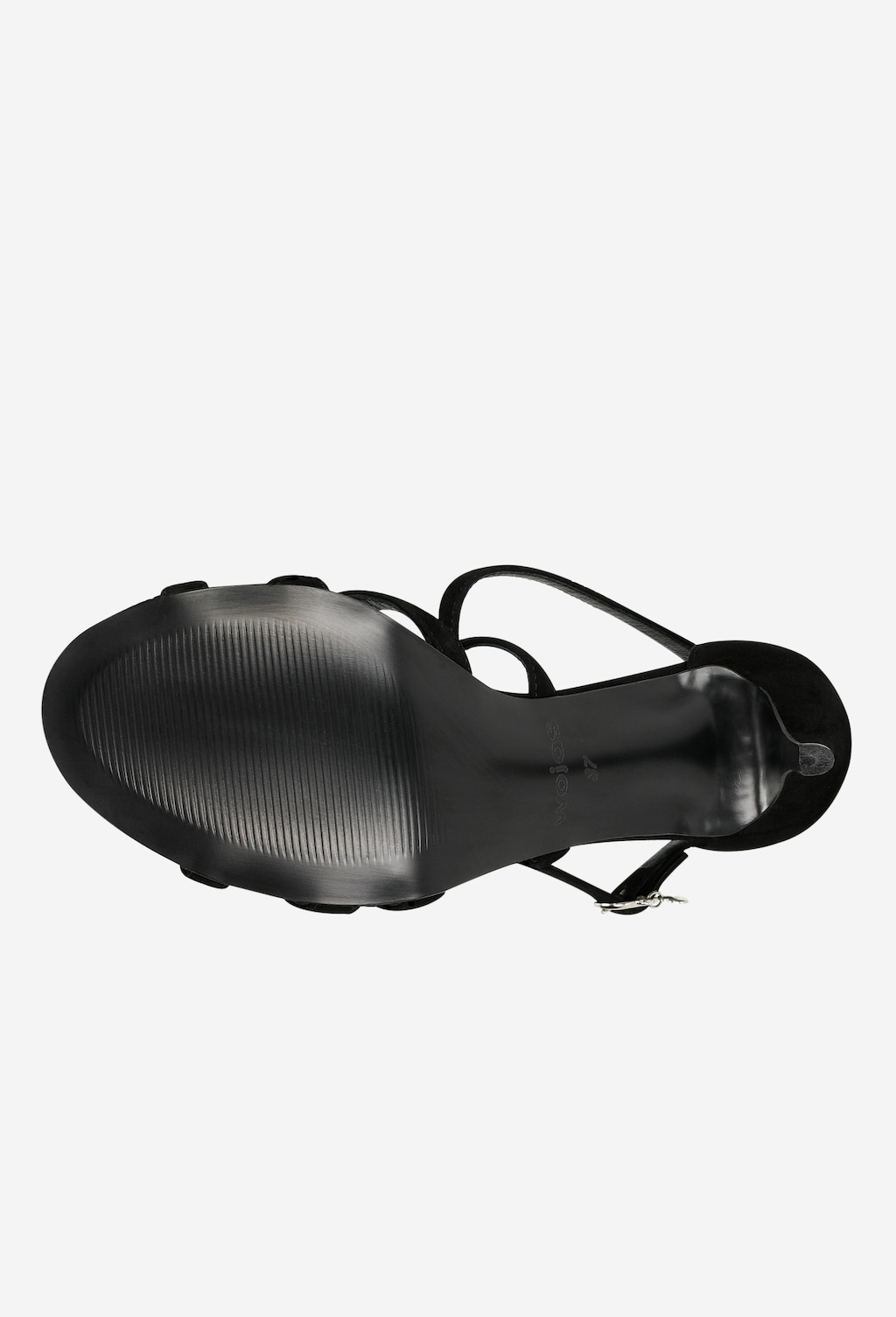 Eleganckie czarne sandały damskie Wojas 76064-61 na wysokiej szpilce z cienkimi paskami, widok z góry podeszwy z wyraźnym bieżnikiem.