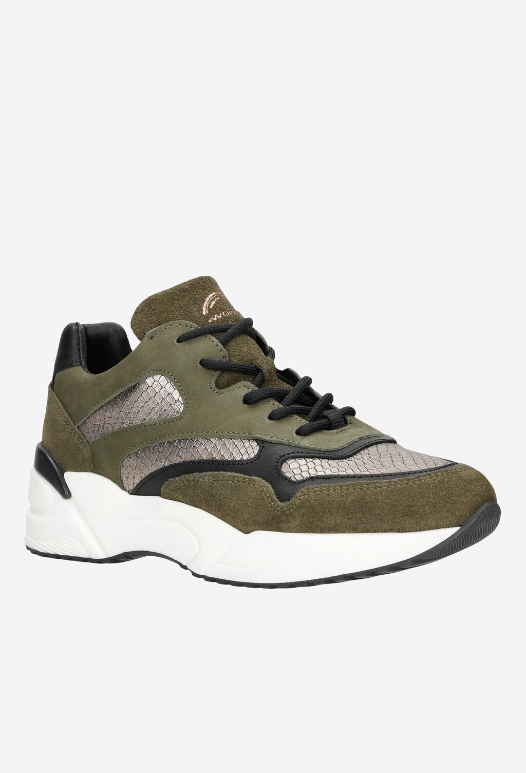Ciemnozielone sneakersy damskie na wysokiej podeszwie z czarnymi i złotymi elementami  46067-87 Widok 3