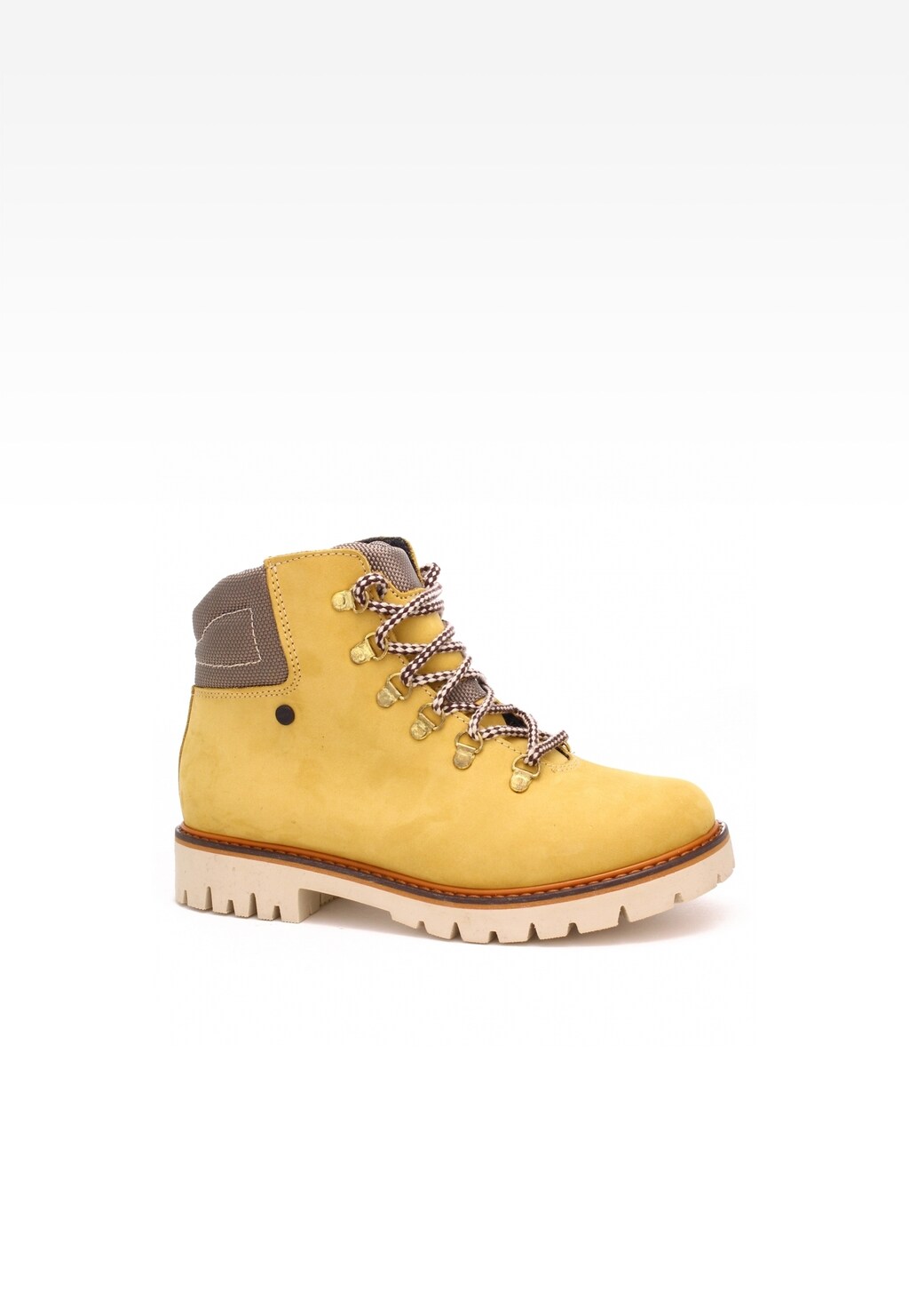 Ocieplane żółte trzewiki dziecięce Bartek 27764/0W-1DY z brązowymi wstawkami, sznurówkami w brązowo-białą kratkę i jasną podeszwą, idealne na zimowe dni.
