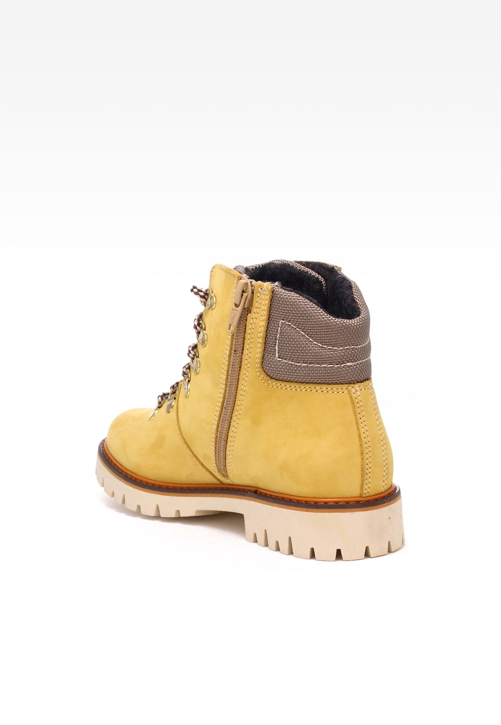 Żółte trzewiki ocieplane Bartek 27764/0W-1DY z bocznym zamkiem i brązowym wykończeniem cholewki. But zimowy na jasnej, profilowanej podeszwie, widok z tyłu.