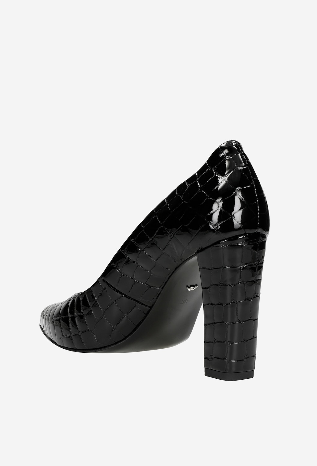 Czarne lakierowane czółenka Wojas 35042-31 z efektownym tłoczeniem w krokodyli wzór, widoczne z boku, na stabilnym, eleganckim słupku, podkreślającym kobiecy charakter.