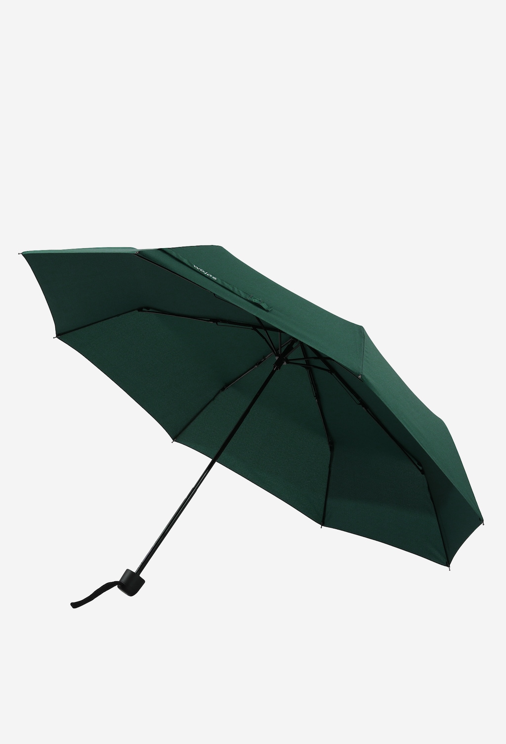 Zielony składany parasol Wojas model 96704-17, otwarty z widocznym mechanizmem składania i czarnym uchwytem, prezentowany z perspektywy ukośnej górnej.