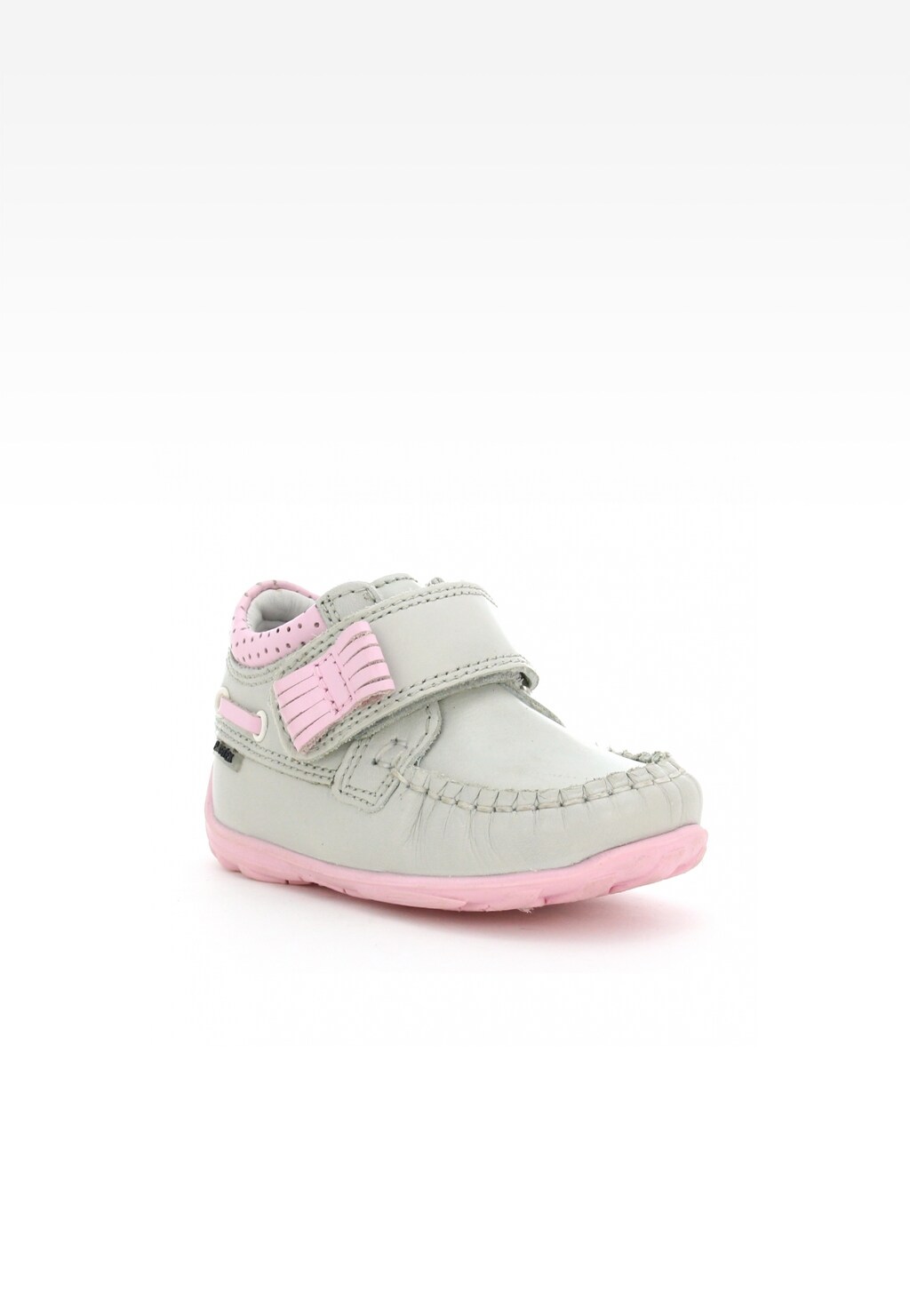 Szaro-różowe trzewiki dziecięce Bartek T-61827/61X II dla dziewczynki, z zapięciem na rzep, ozdobione różową kokardką i perforacją, na miękkiej różowej podeszwie.