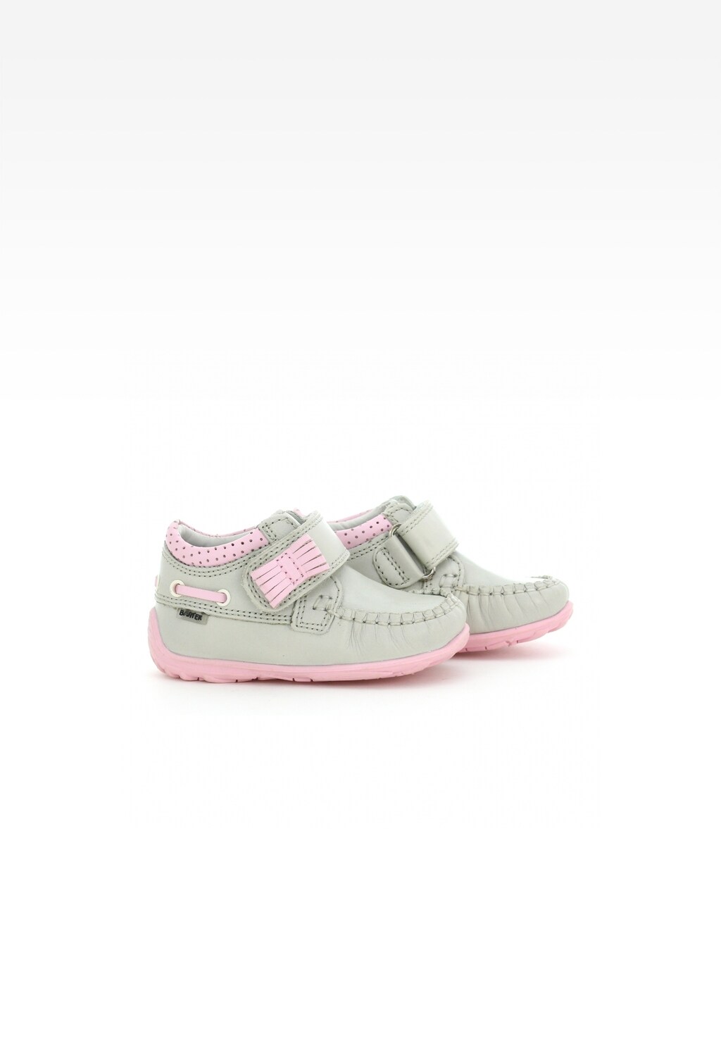 Szaro-różowe trzewiki Bartek T-61827/61X II dla dziewcząt, ze skórzaną cholewką, zapinane na rzep, z dekoracyjną kokardką i różową podeszwą, w stylu mokasyn.