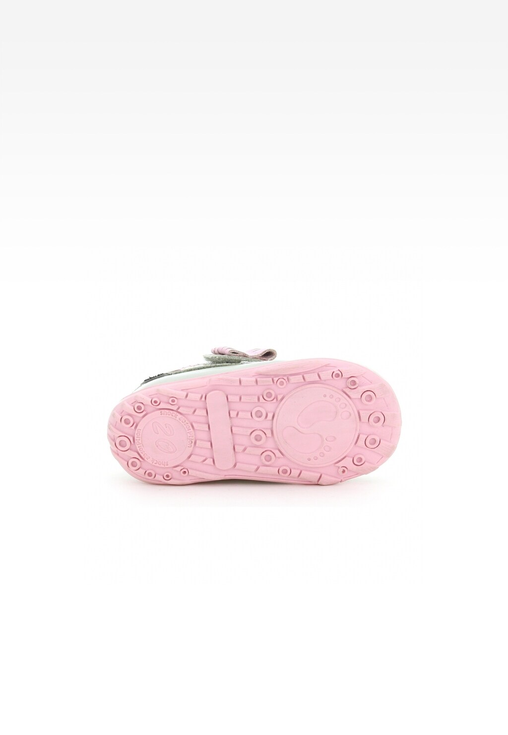 Różowa podeszwa trzewików dziecięcych Bartek T-61827/61X II dla dziewcząt, z widocznym wzorem bieżnika i logo marki, ukazana od spodu.