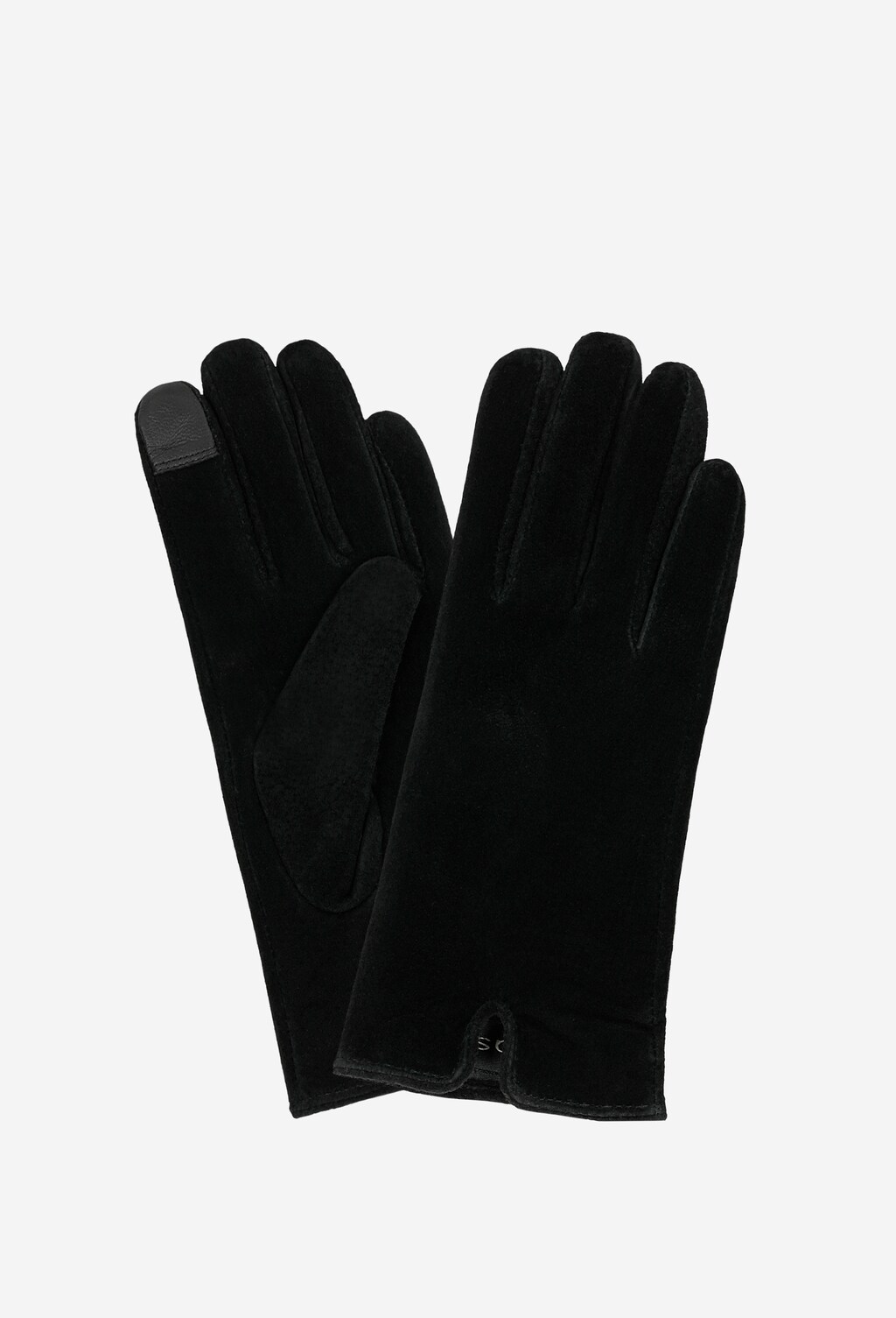 Eleganckie czarne rękawiczki damskie Wojas model 98115-61 wykonane z miękkiej dwoiny welurowej, z dotykowym panelem na palcu wskazującym do obsługi ekranów dotykowych.