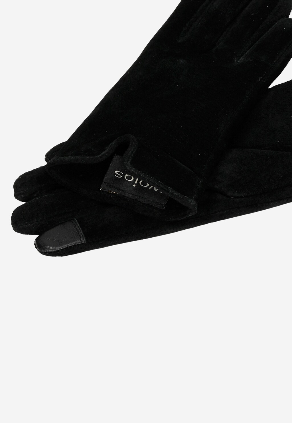 Czarne eleganckie rękawiczki damskie Wojas 98115-61 z dwoiny welurowej z delikatną metką, wyposażone w specjalny panel dotykowy na palcu wskazującym.