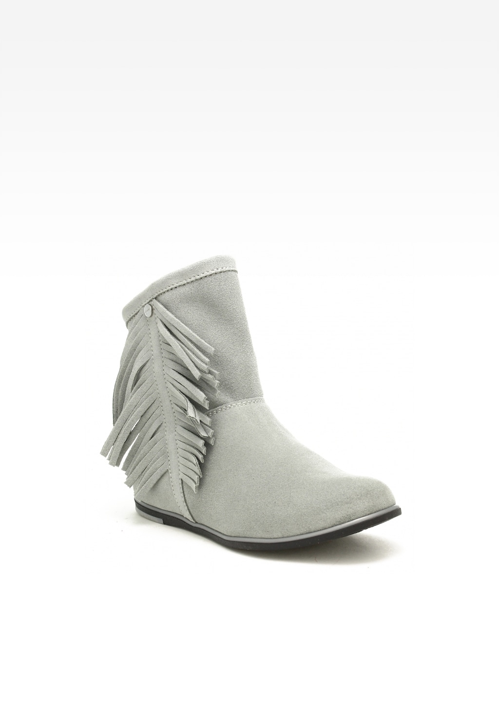 Szare botki dziewczęce Bartek 17233017 z charakterystyczną frędzlową ozdobą na boku, wykonane z zamszu, widoczne z boku.