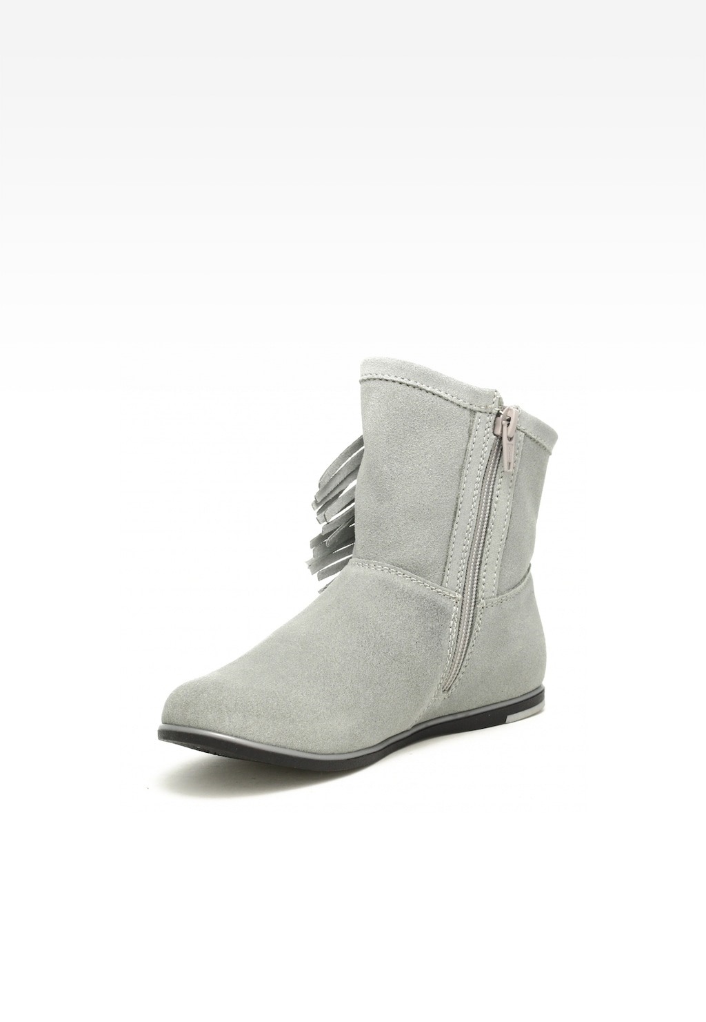 Szare botki dziewczęce Bartek 17233017 z bocznym zamkiem i ozdobnymi frędzlami, wykonane z miękkiego zamszu, widok z boku.