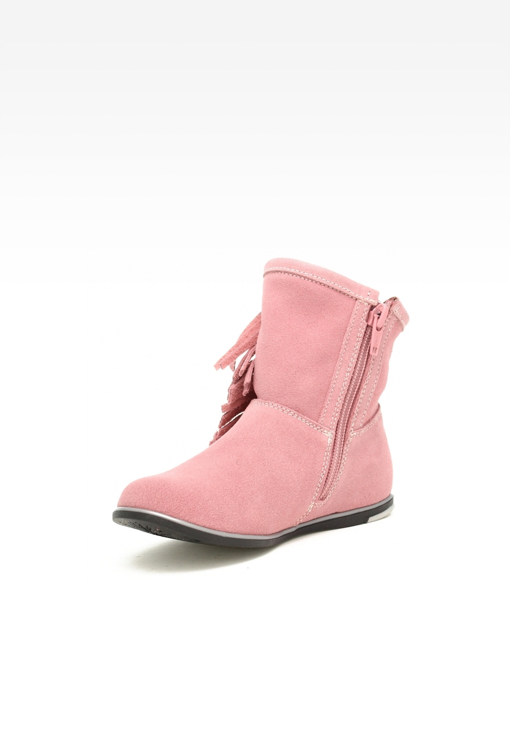 Różowe botki dziewczęce BARTEK 17233016 z zamkiem bocznym i ozdobnymi frędzlami, wykonane z zamszu, idealne na jesień i zimę.