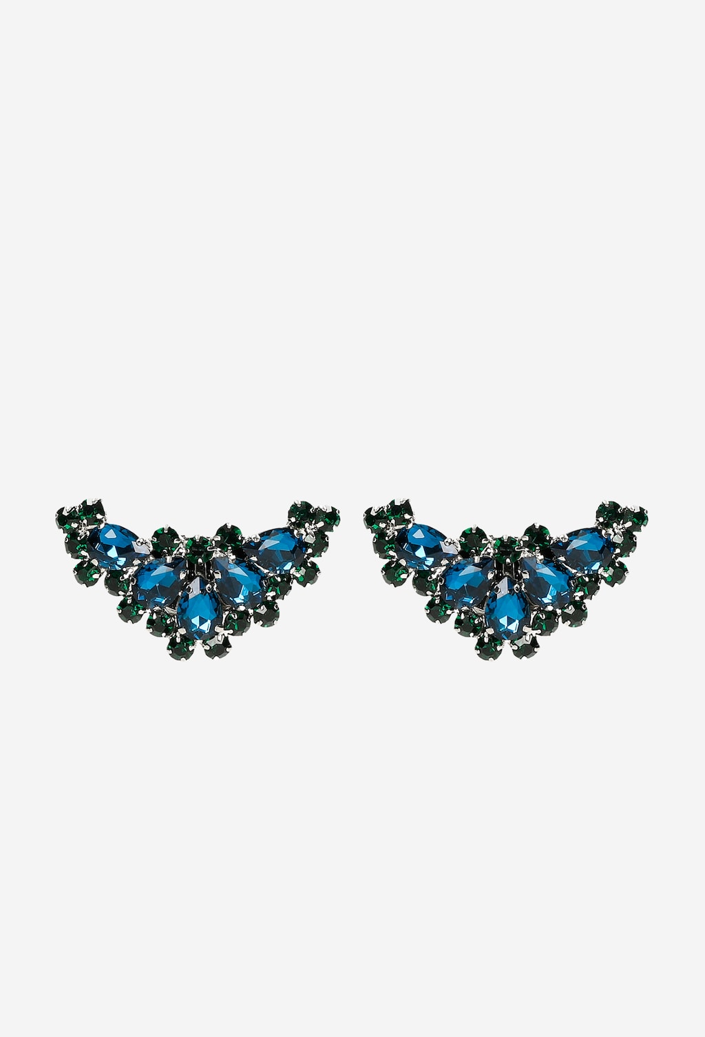 Eleganckie zielono-czarne ozdoby do obuwia Wojas model 98513-17 w kształcie skrzydeł, wykonane z błyszczących kryształków w odcieniach niebieskiego i zielonego.