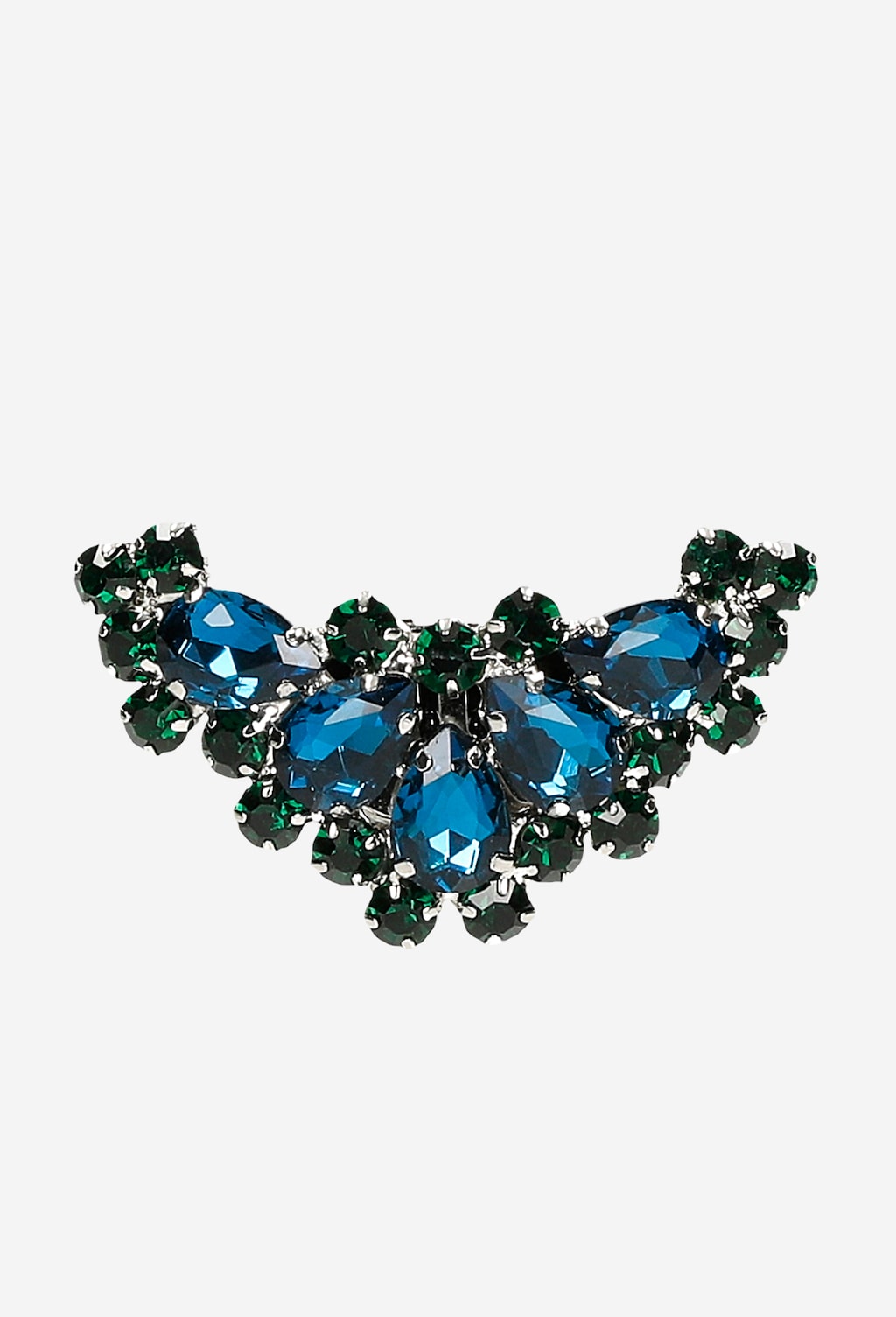 Elegancka ozdoba Wojas model 98513-17 w kształcie skrzydeł z niebieskimi i zielonymi kryształami osadzonymi w metalowej oprawie, idealna dekoracja do butów.
