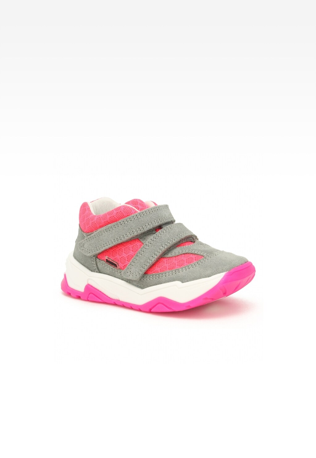 Szaro-różowe sneakersy dziecięce Bartek 11131011 z rzepami, na grubej białej podeszwie z różową podeszwą zewnętrzną, idealne dla dziewcząt.