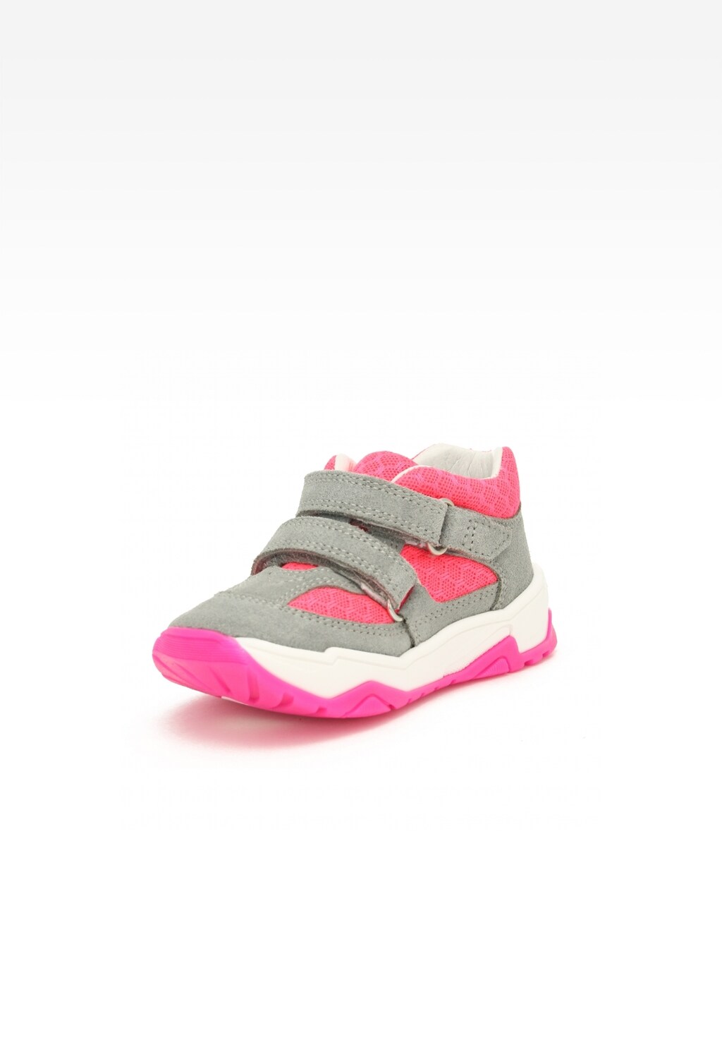 Dziewczęce sneakersy Bartek 11131011 w szaro-różowym kolorze z zapięciem na rzepy, podeszwą w kontrastowym różowym kolorze i charakterystycznym sportowym designem.