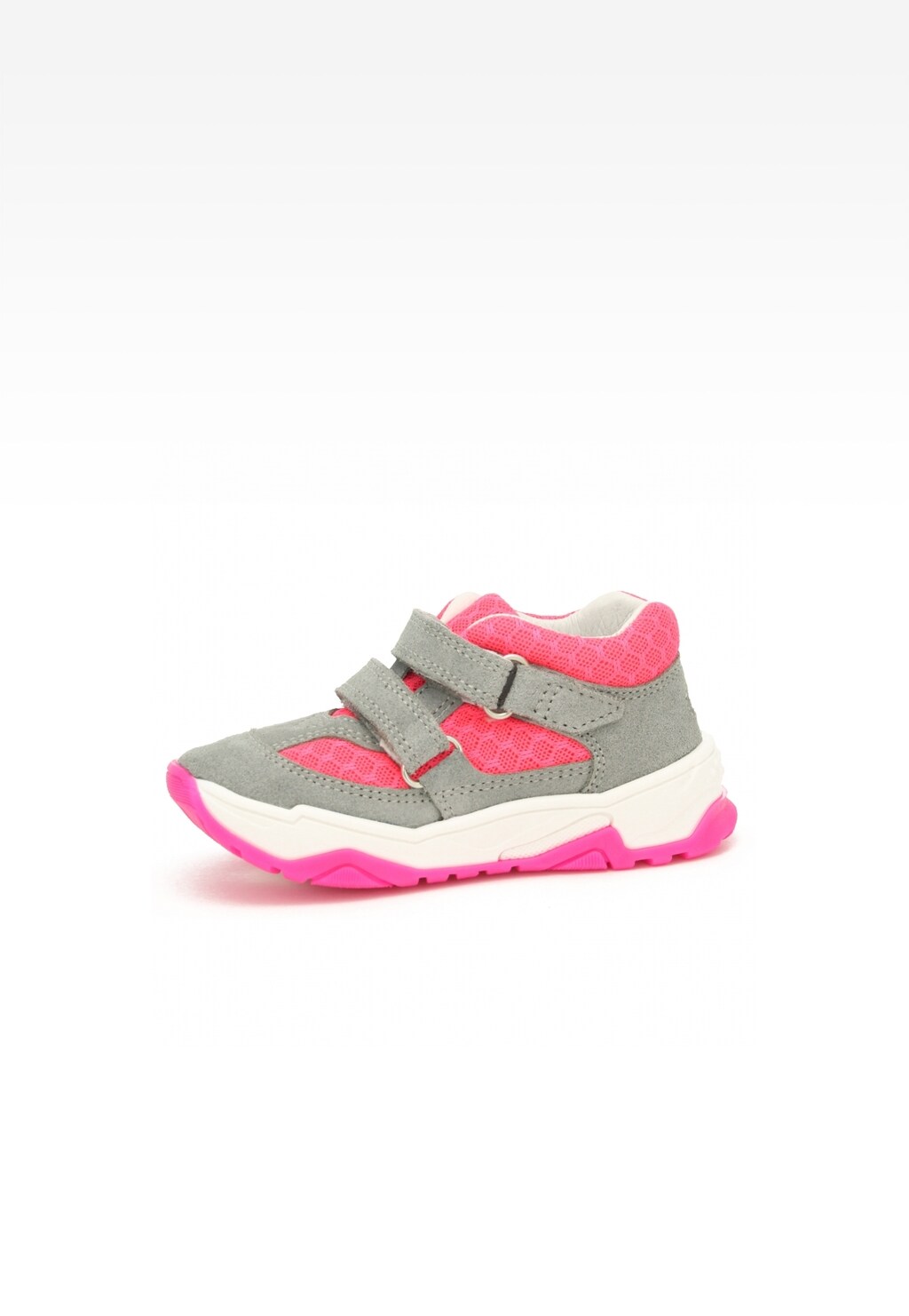 Dziewczęce sneakersy BARTEK 11131011 w szaro-różowym kolorze z rzepami, miękką podeszwą i wyrazistymi różowymi akcentami, idealne do codziennych stylizacji.
