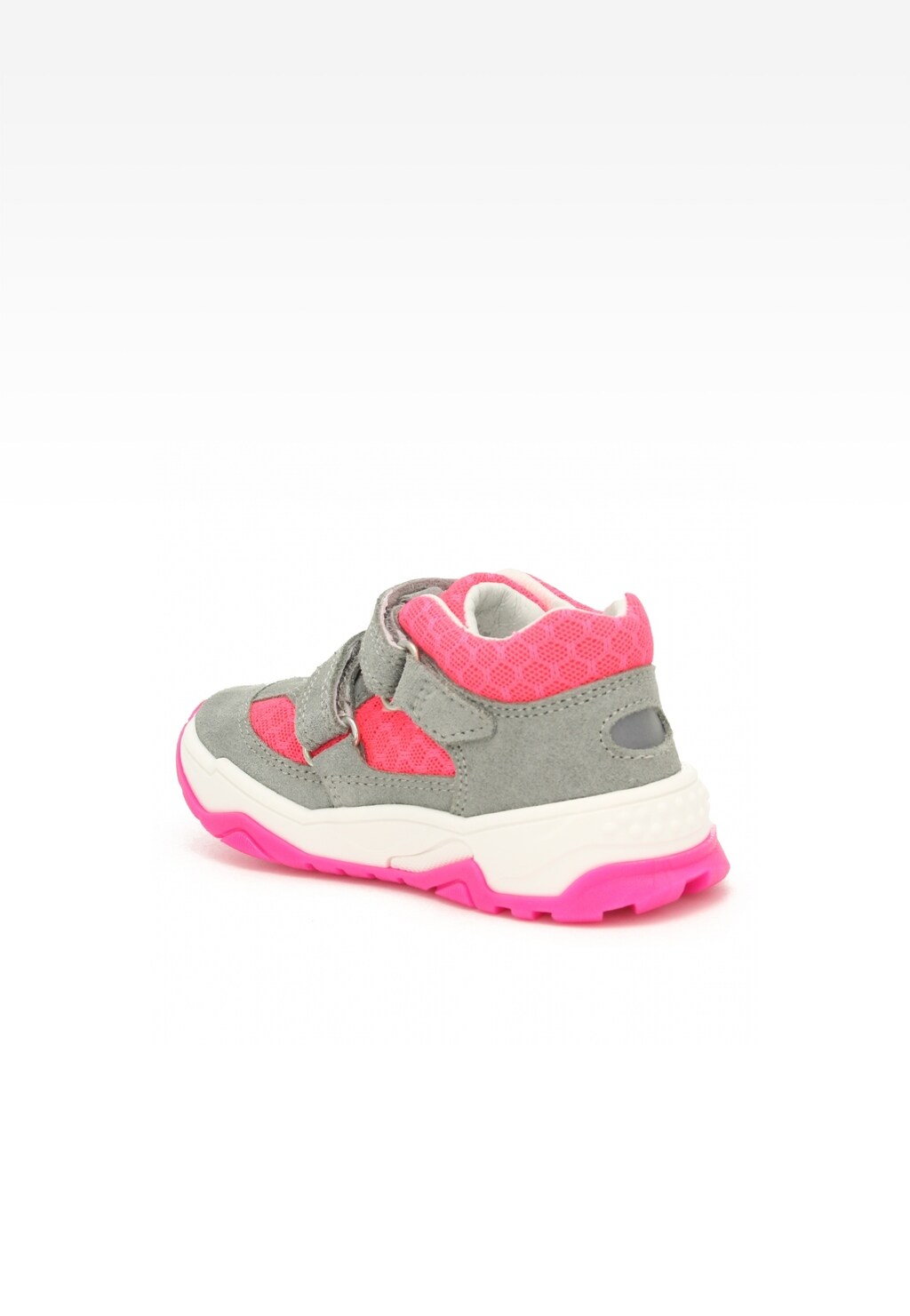 Dziewczęce sneakersy Bartek 11131011 w szaro-różowej kolorystyce, z rzepami, na białej podeszwie z różową podeszwą zewnętrzną, widok z boku.