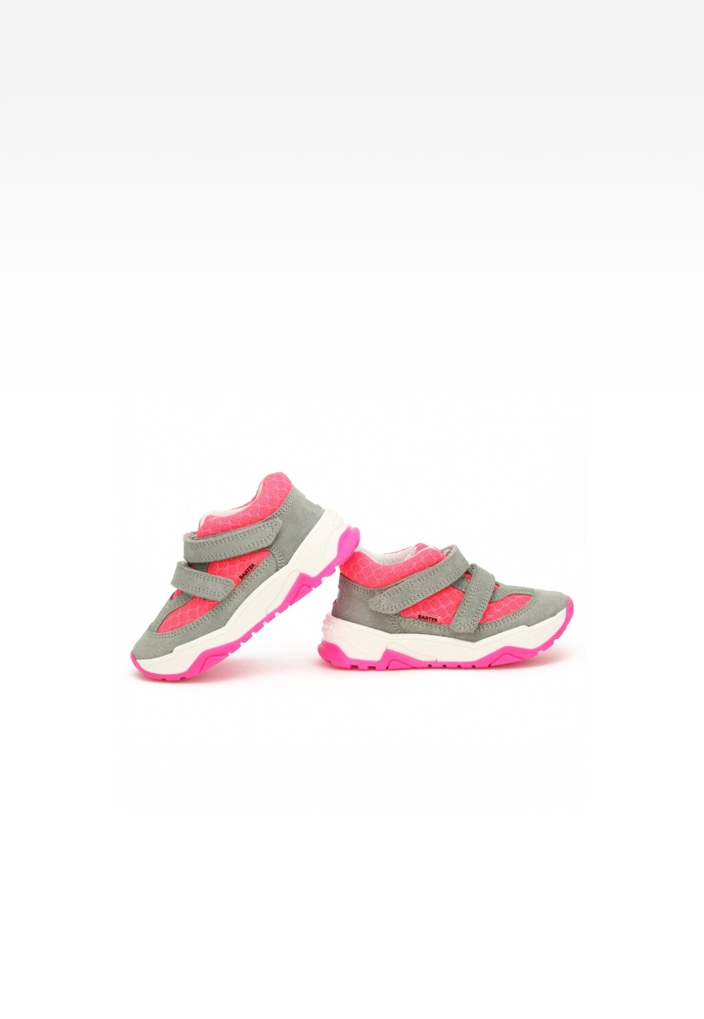 Dziewczęce buty sportowe Bartek 11131011 w szaro-różowym kolorze z rzepami, wyrazistą różową podeszwą i różowymi wstawkami, idealne do codziennego noszenia.