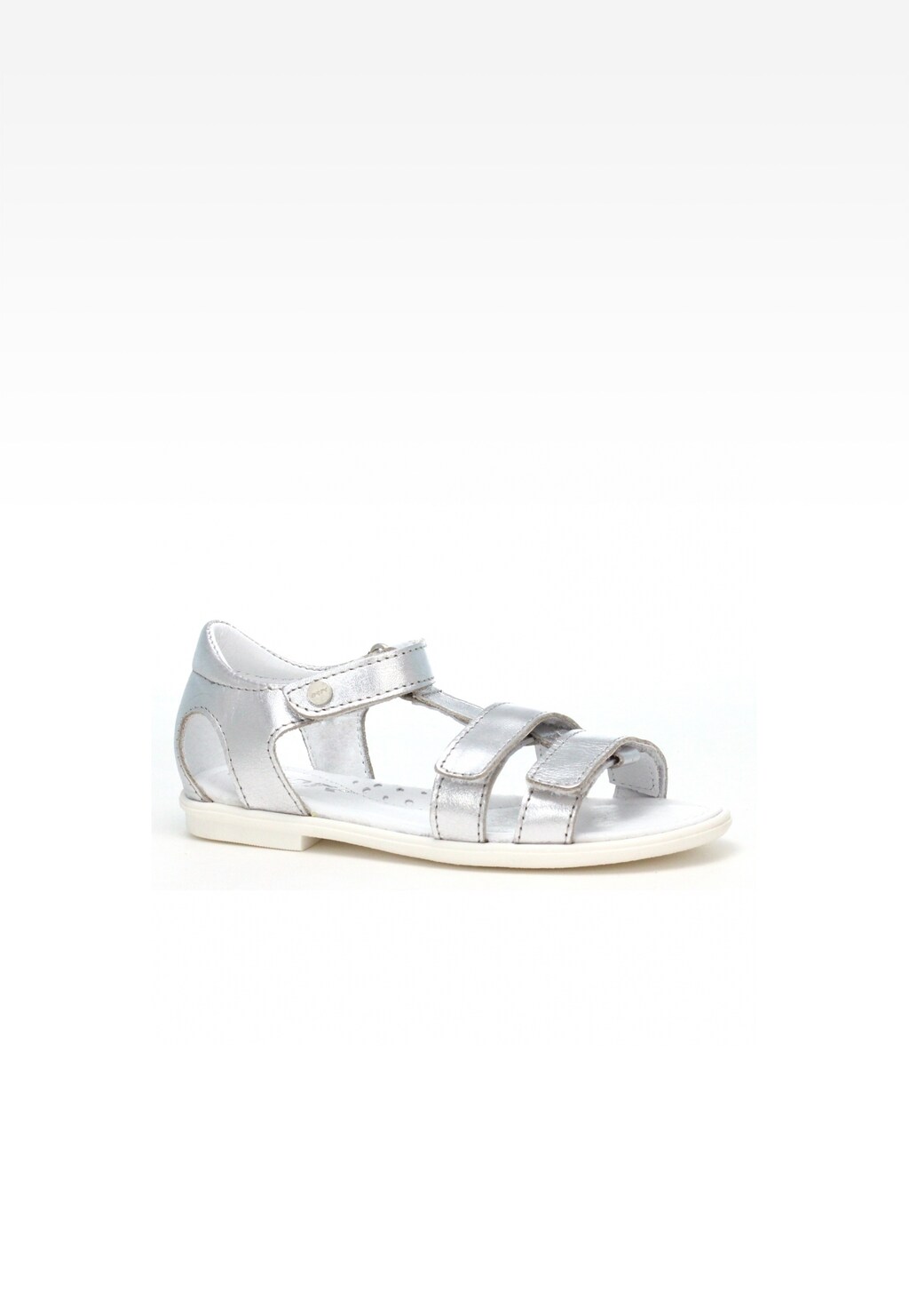 Dziewczęce sandały Bartek W-79016/SIE w biało-srebrnym kolorze z zapięciem na rzep. Elegancki model z trzema paskami na przodzie, idealne na lato.