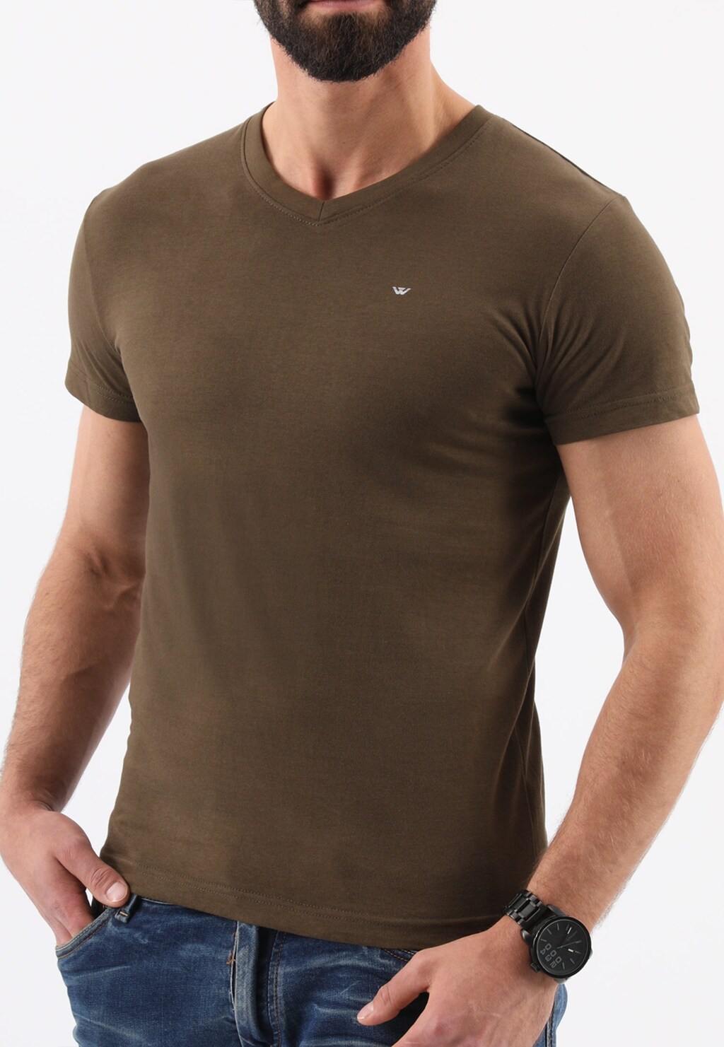 Hnědé pánské tričko s véčkovým výstřihem 98009-83 Widok 1