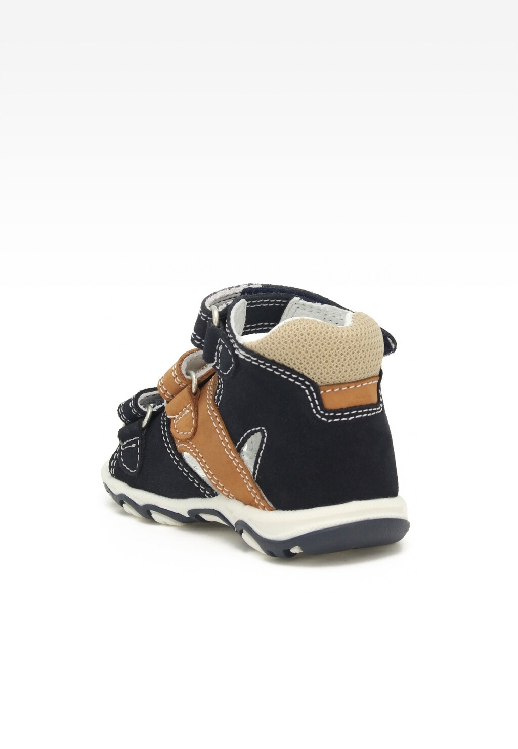Dziecięce sandały BARTEK 11708-006 w granatowo-brązowym kolorze z rzepami i kontrastowymi przeszyciami, widok z boku z charakterystyczną podeszwą i wyściółką dla chłopców.