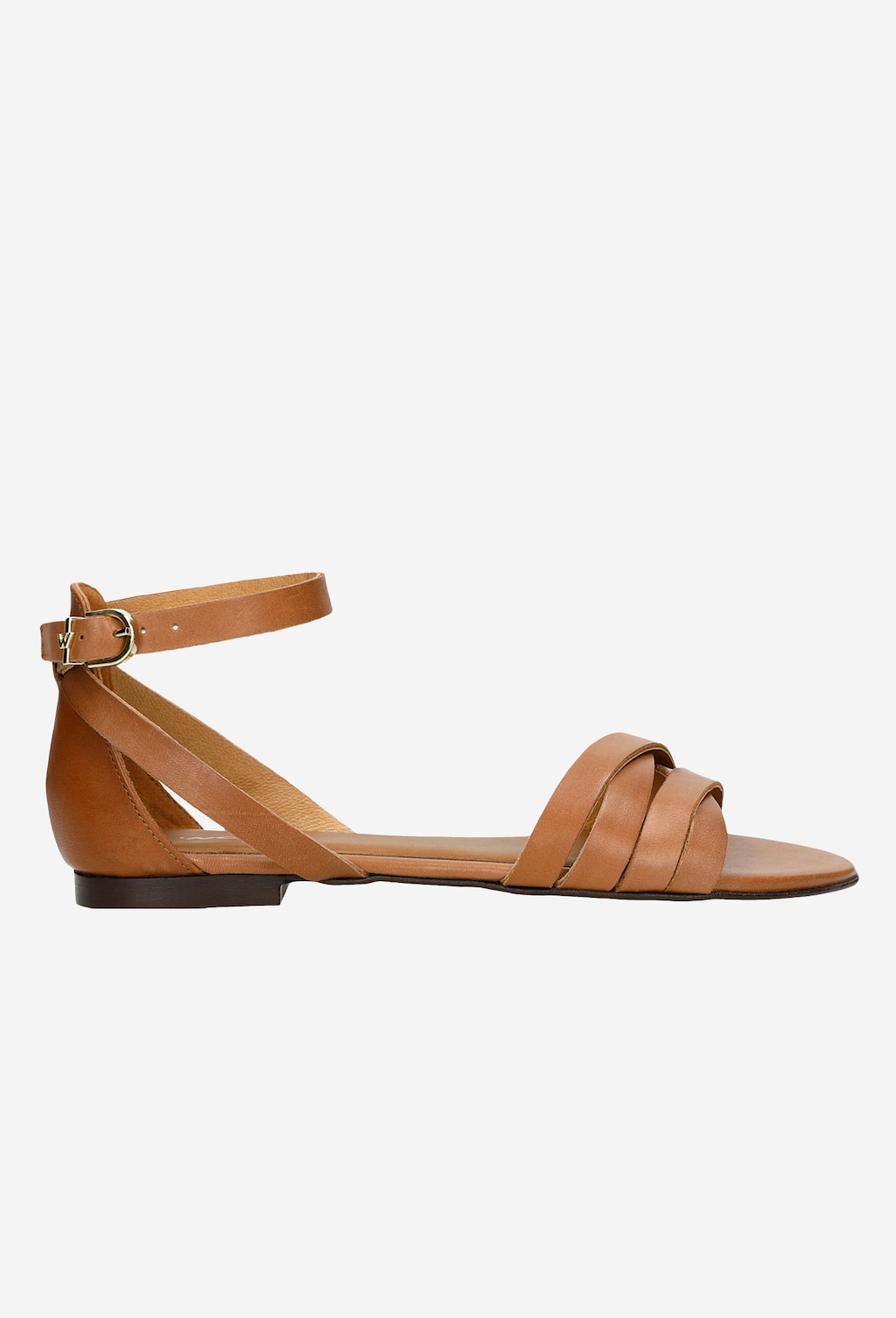 Brązowe sandały damskie Wojas model 76015-53 w stylu urban z paskiem na kostkę, skrzyżowanymi paskami na przodzie i płaską podeszwą, widok z boku.