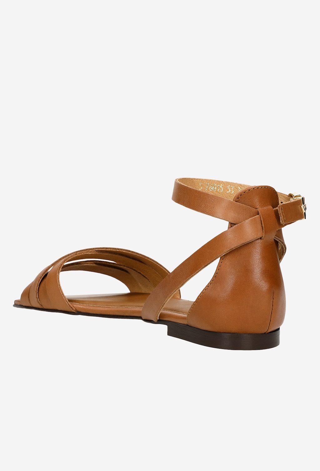 Brązowe sandały damskie Wojas model 76015-53 w stylu urban z paskami krzyżowymi i zapięciem na kostkę, widok z boku, płaska podeszwa.