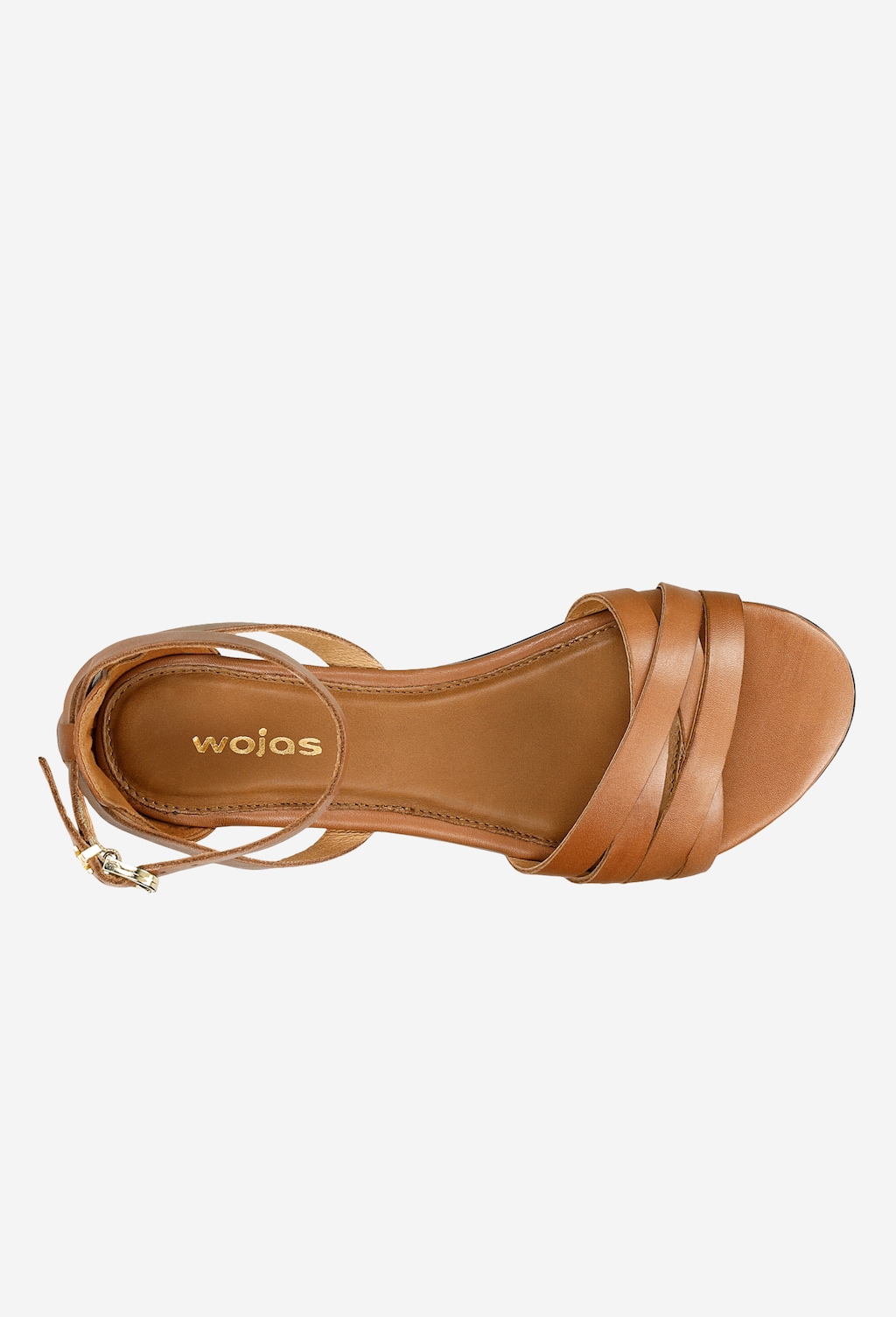 Brązowe sandały damskie Wojas model 76015-53 w stylu urban, widok z góry, z eleganckimi paskami ze skóry i metalową klamrą przy kostce.