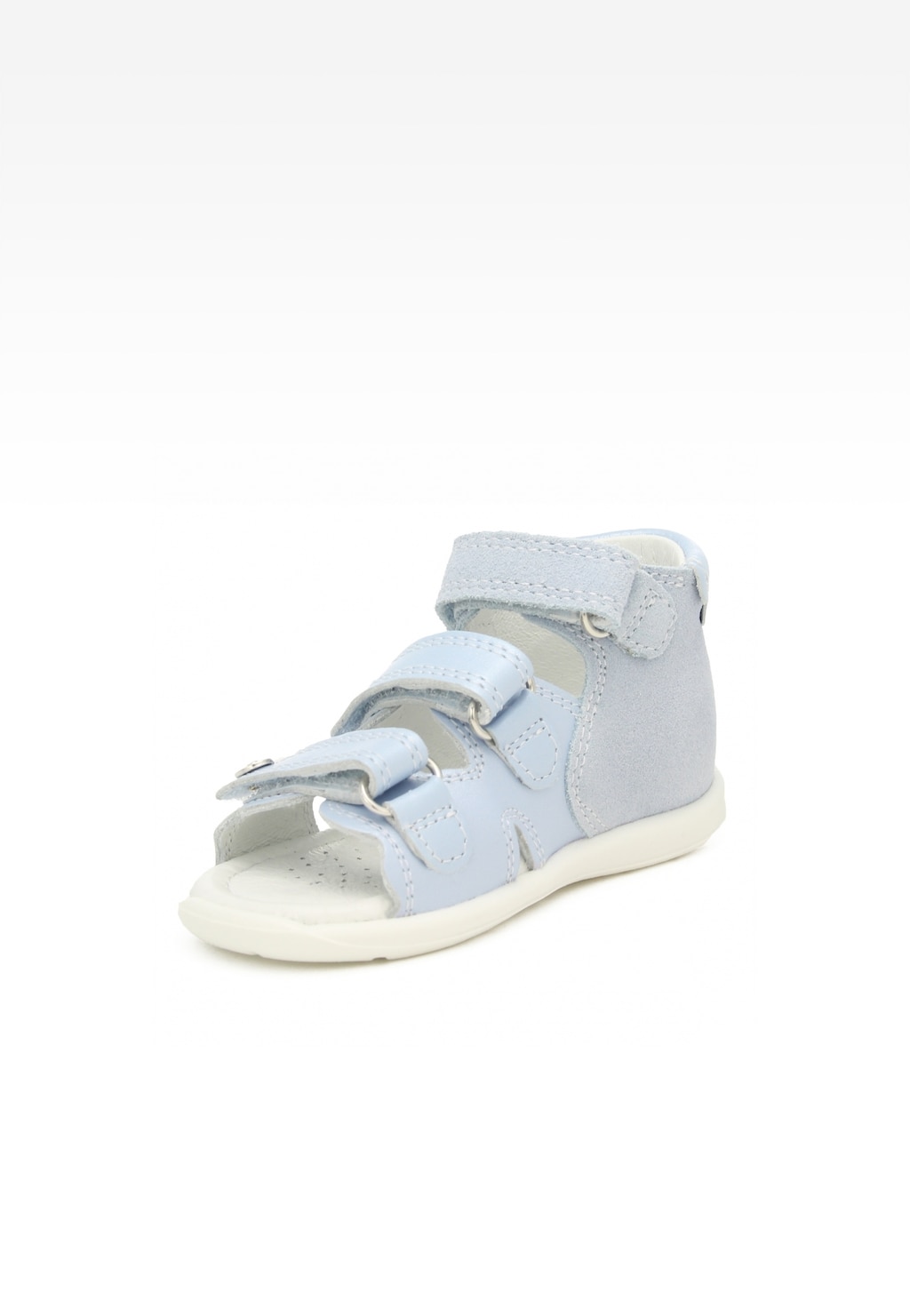 Niebieskie sandały dziecięce Bartek 71158-0004 dla dziewcząt, z trzema rzepami zapewniającymi wygodne dopasowanie, widoczne z boku na białej podeszwie.