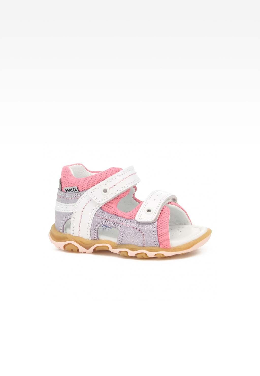 Sandały Bartek 11848-003 dla dziewczynki w kolorach biało-różowych, z dwoma rzepami, miękką podeszwą z bieżnikiem i wygodnym profilem ortopedycznym.
