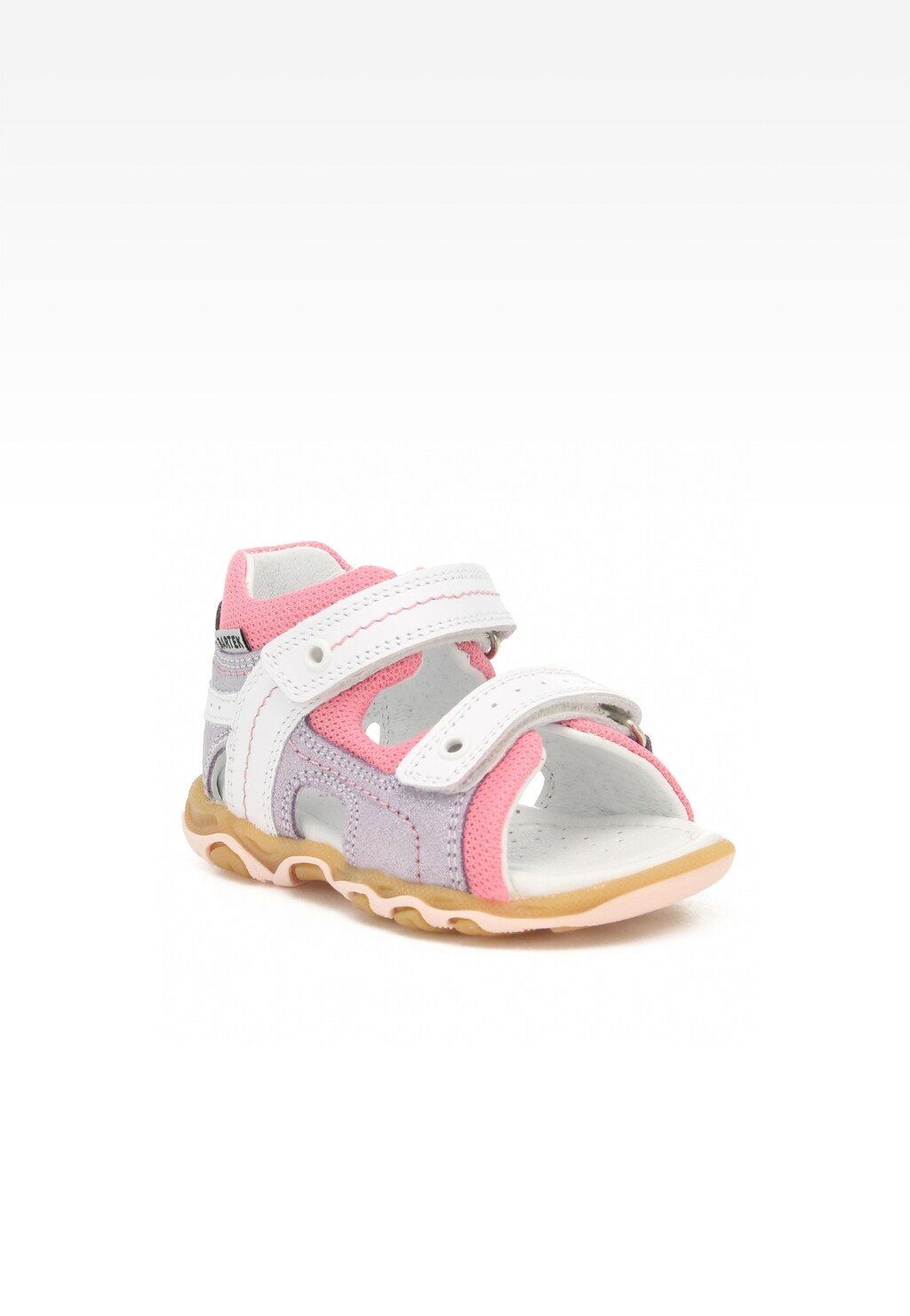 Sandały dziecięce Bartek 11848-003 dla dziewcząt w biało-różowej kolorystyce z zapięciem na rzepy, gumową podeszwą i wygodnym profilowanym wnętrzem.