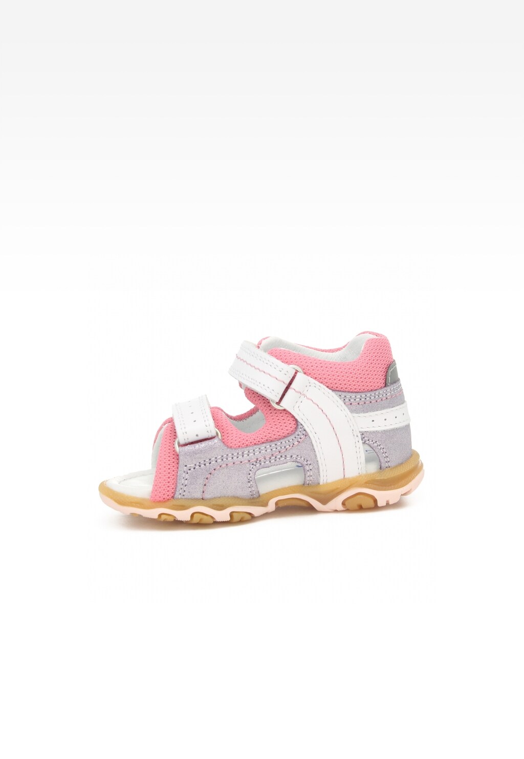 Sandały dziewczęce Bartek 11848-003 w biało-różowym kolorze z rzepami, teksturowaną cholewką i gumową podeszwą, idealne na lato dla małych dzieci.