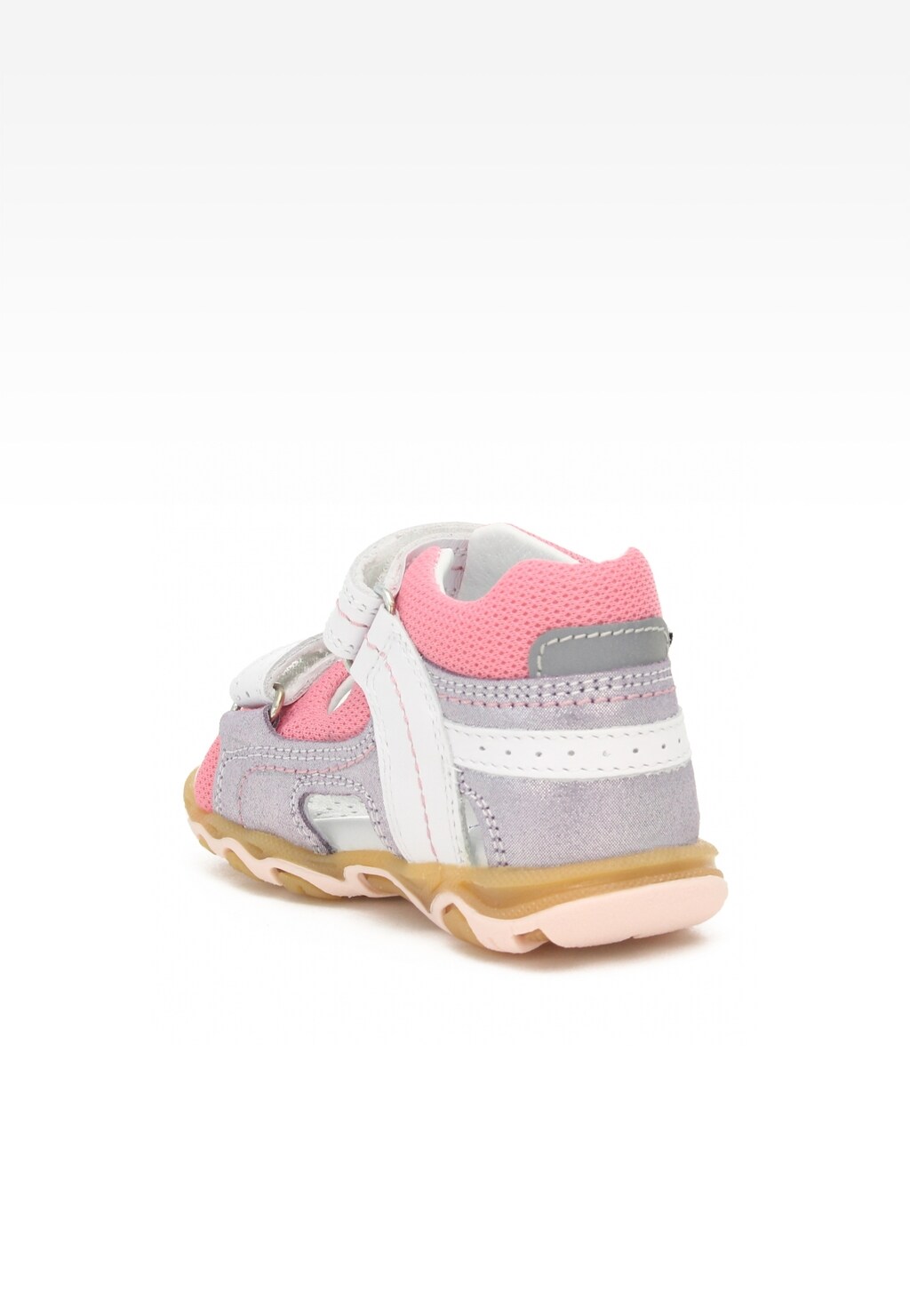 Biało-różowe sandały dziecięce Bartek 11848-003 dla dziewczynki, widok z tyłu, z gumową podeszwą i regulowanym zapięciem, wykonane z połączenia skóry i materiału.