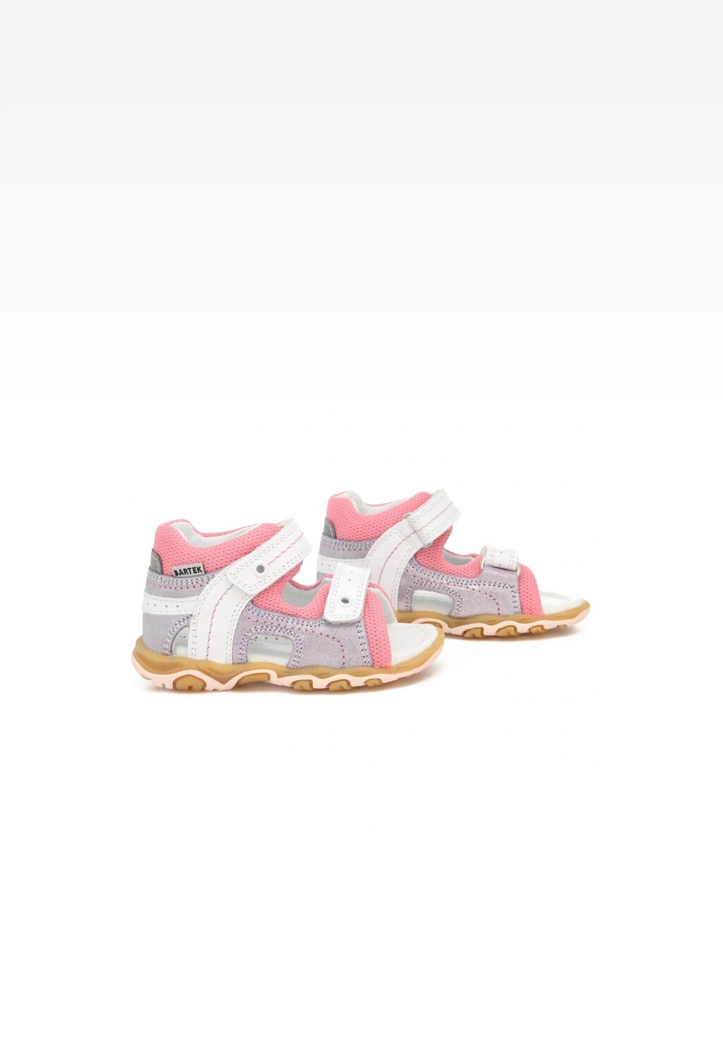 Sandały BARTEK 11848-003 dla dziewcząt w biało-różowej kolorystyce z rzepami i wygodną podeszwą, idealne na letnie spacery, widok z boku.