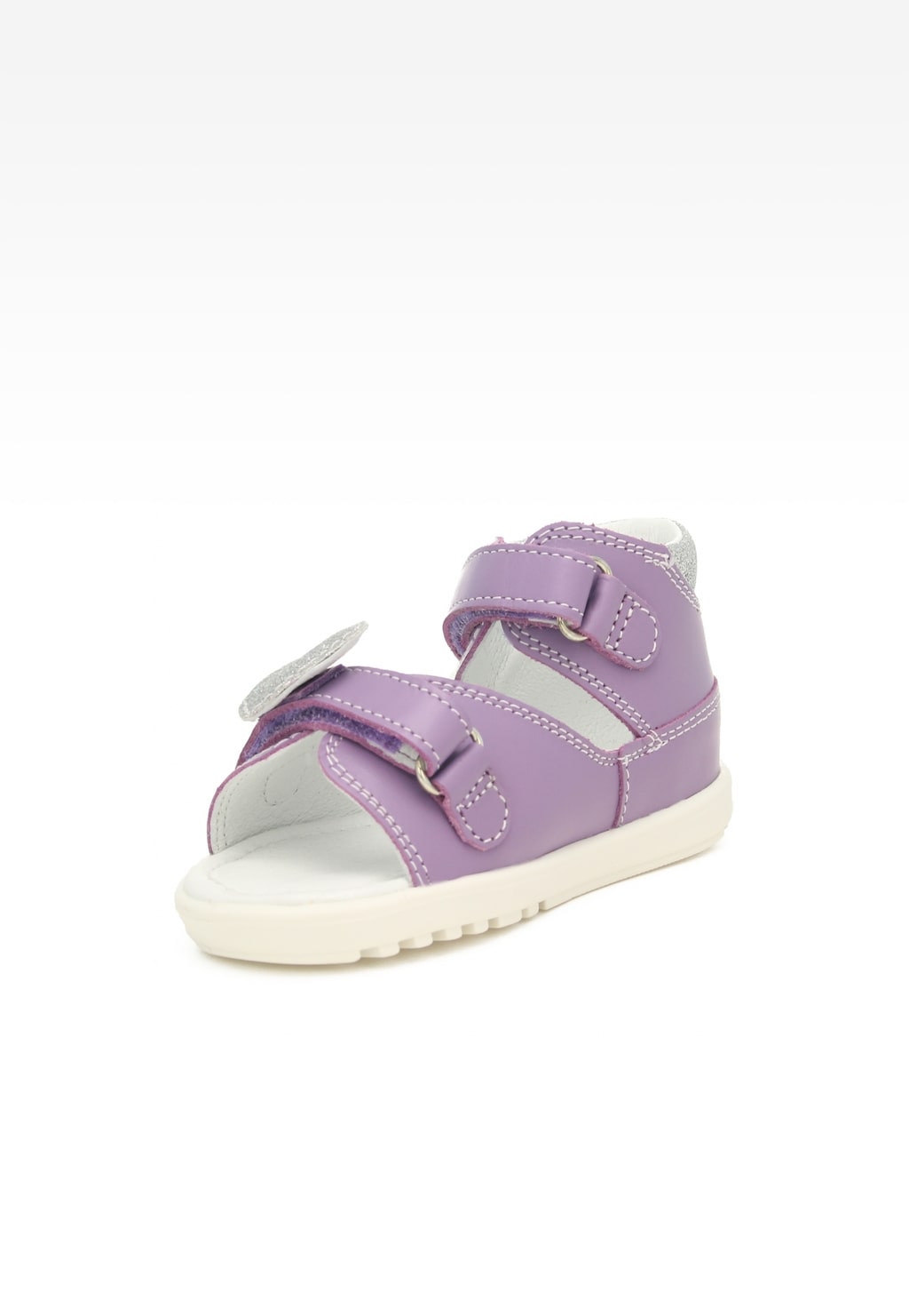 Fioletowe sandałki dziecięce Bartek Mini first steps 71181-0001 z rzepami, przeznaczone dla dziewczynek uczących się chodzić, z miękką podeszwą i brokatowymi elementami.