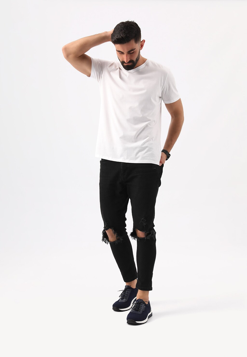 Granatowe materiałowe sneakersy męskie ze skórzanymi elementami 10086-86 Widok 1