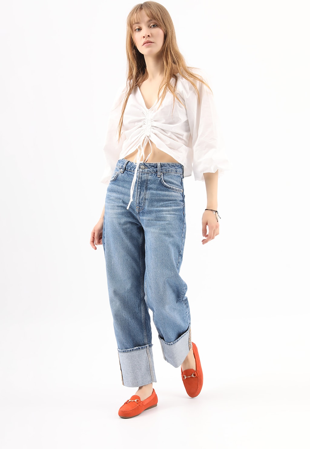 Koralowe mokasyny damskie z metalową ozdobą 46070-65 Widok 1