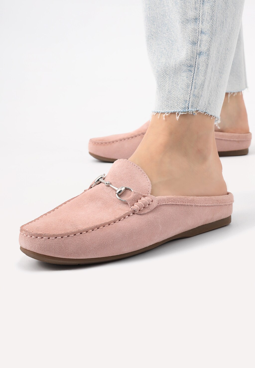 Różowe klapki mokasynowe z dwoiny welurowej 74033-65 Widok 8
